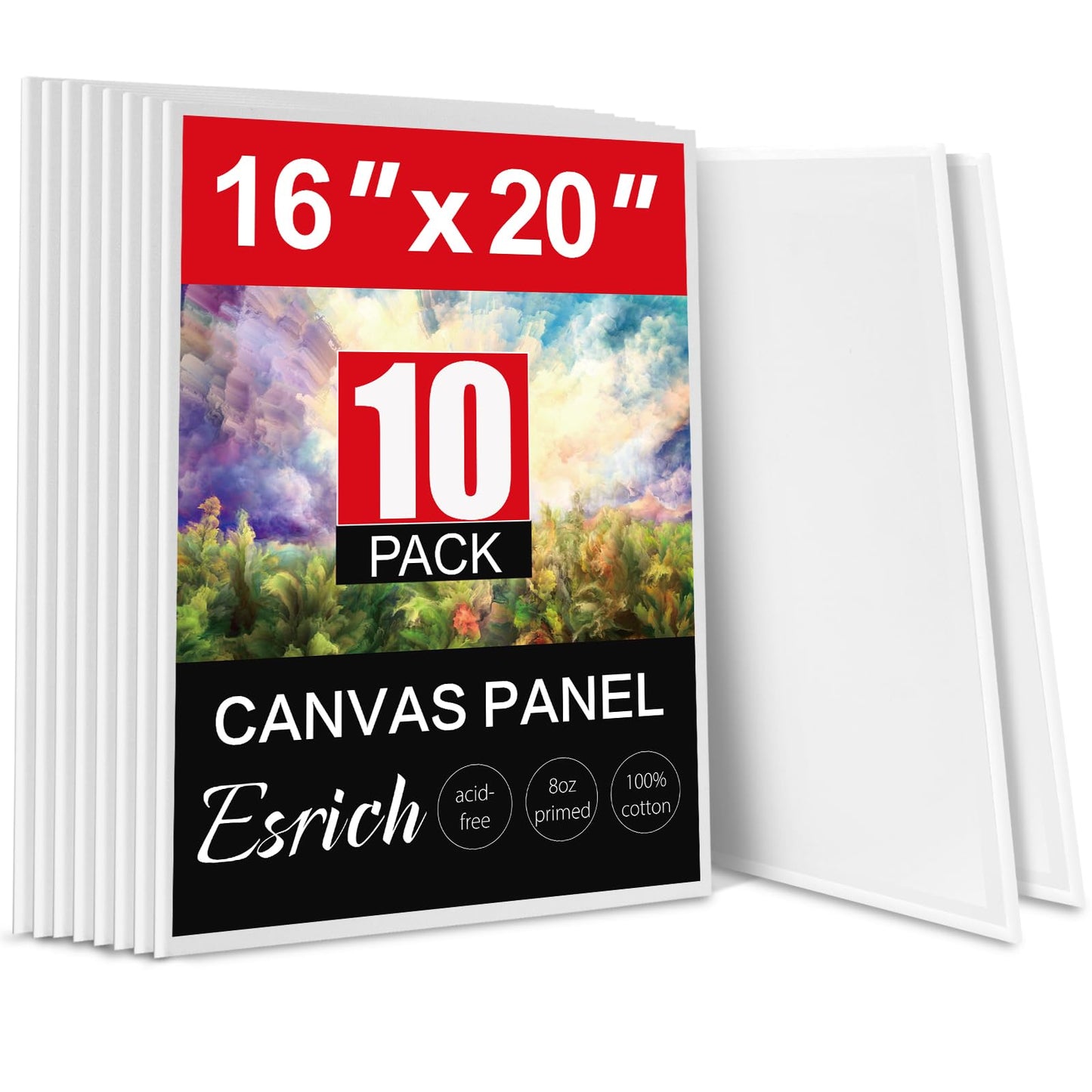 ESRICH Canvas for Painting 16x20 Inch, 10 Pack Flat Canvas Boards for Painting Cotton Primed Acid Free Large Blank Canvases, Canvas Panels for Oil Paint, Watercolor, Acrylic Paint, Gouache, Tempera.