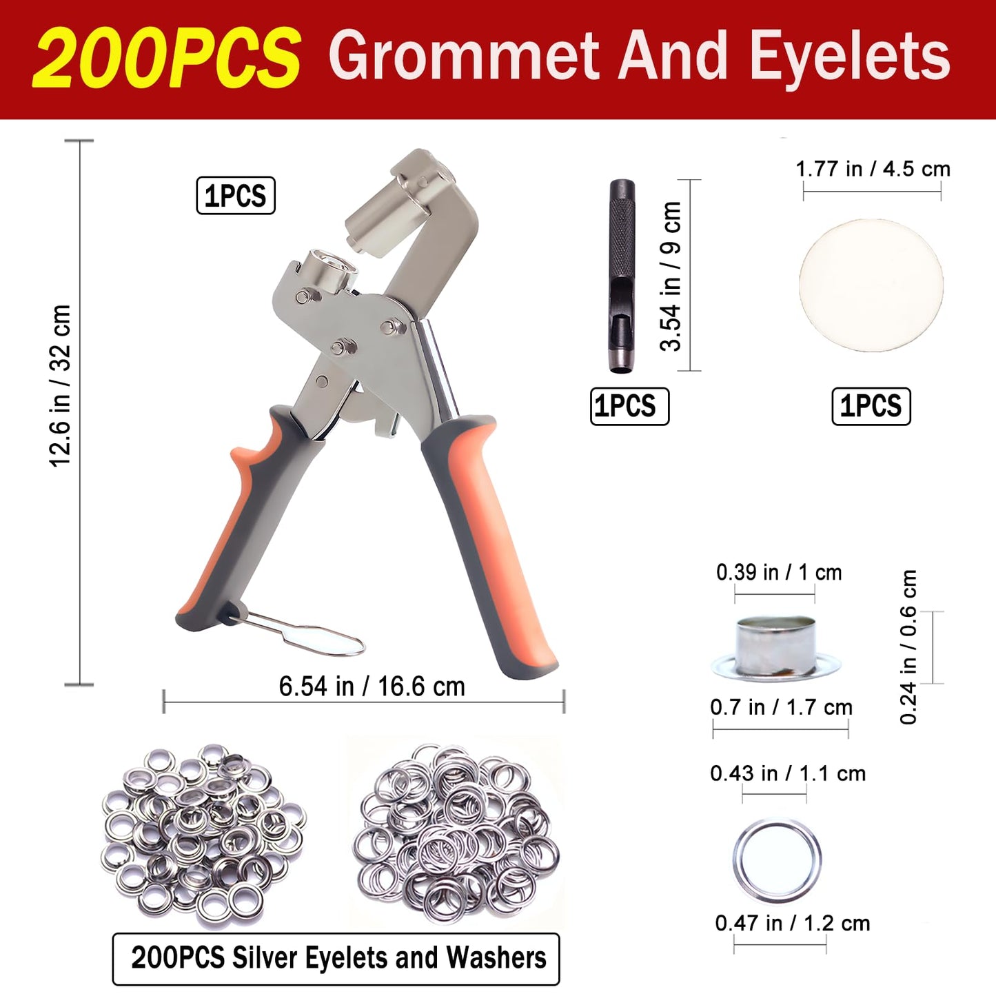 Heavy Duty Grommet Kit,200 pcs 3/8 Inch 10mm Grommets. Eyelet and Grommet Tool Kit for DIY Tarp Ring Repair and Installation for Tarp, Fabric, Banner, Canvas, Leather, Tents, Vinyl, Punching Machine