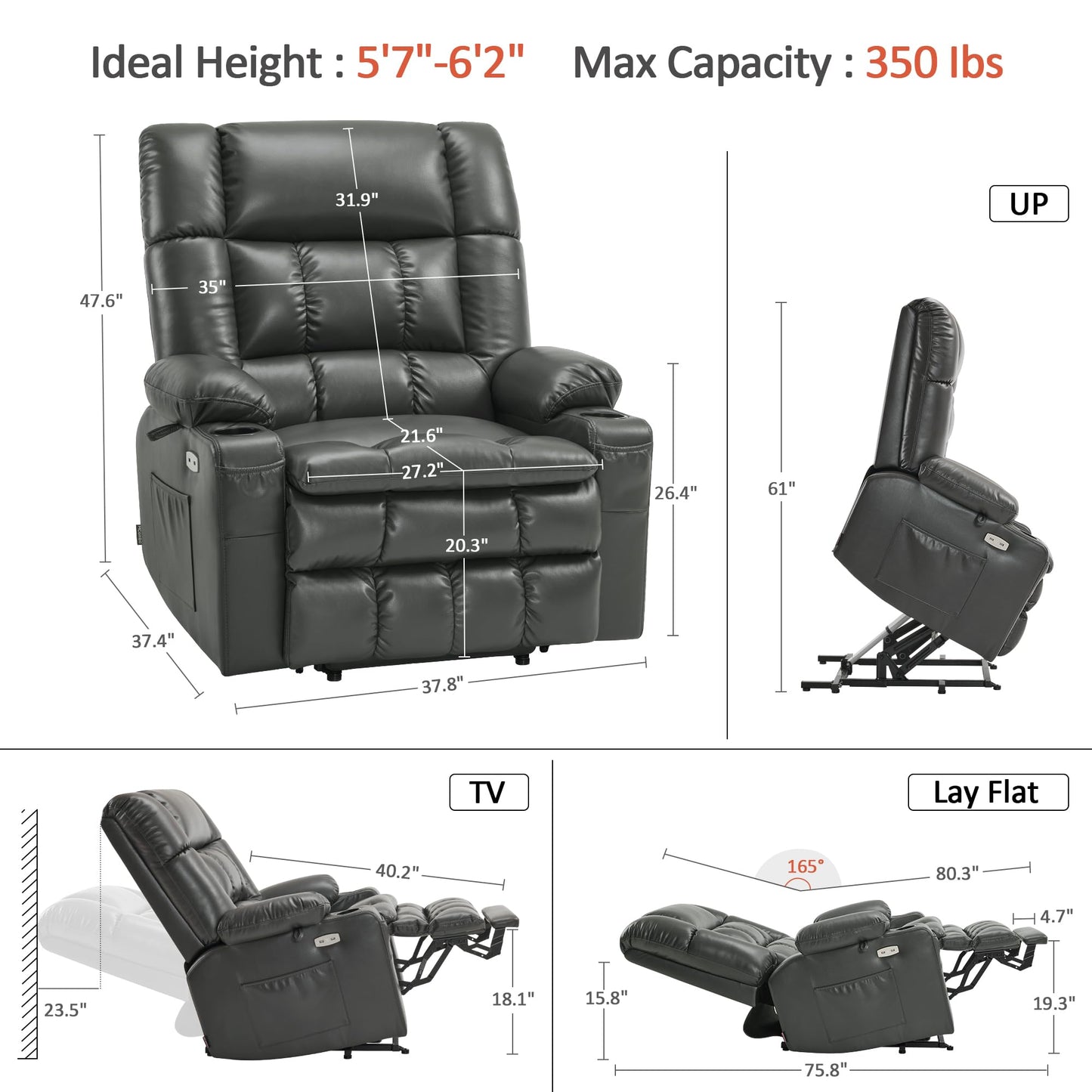 MCombo Dual Motor Power Lift Recliner Chair for Elderly, Lay Flat Lift Chair with Heat and Massage, Oversized Lift Recliner for Big and Tall, Faux Leather R7891 (Grey, Oversized)
