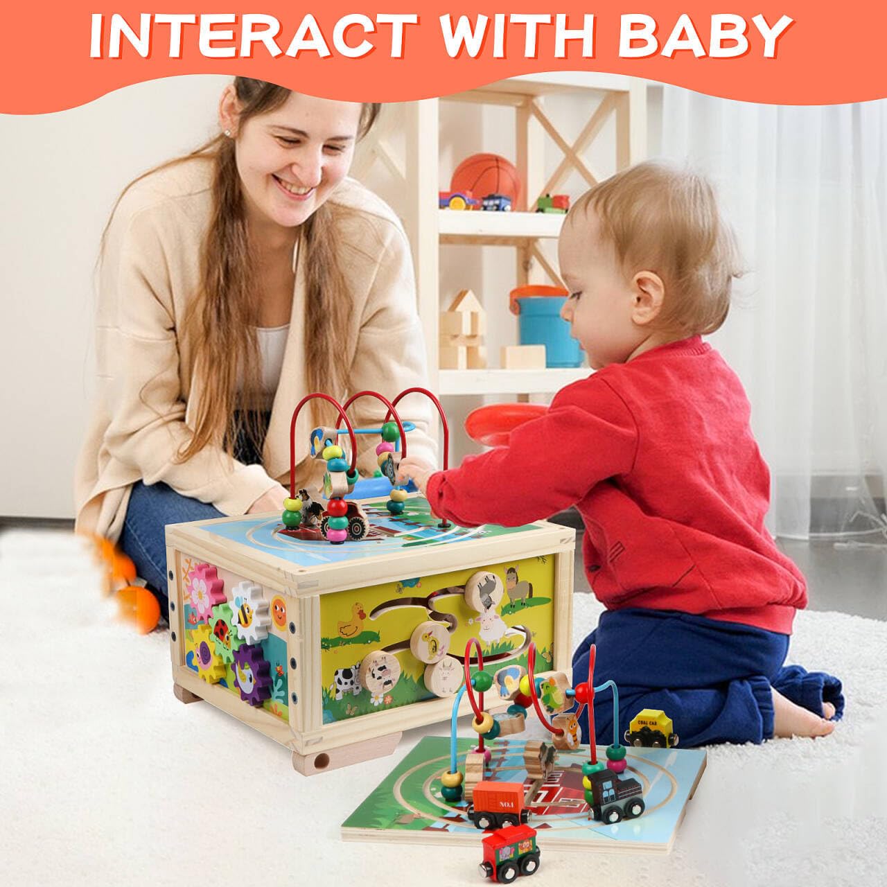 Wooden Activity Cube 7-in-1 Montessori Toys for 1+ Year Old Boys Girls Educational Learning Toys for Toddlers Age 1-2 One Year Old First Birthday Gift Bead Maze Magnetic Trains Track Shape Sorter