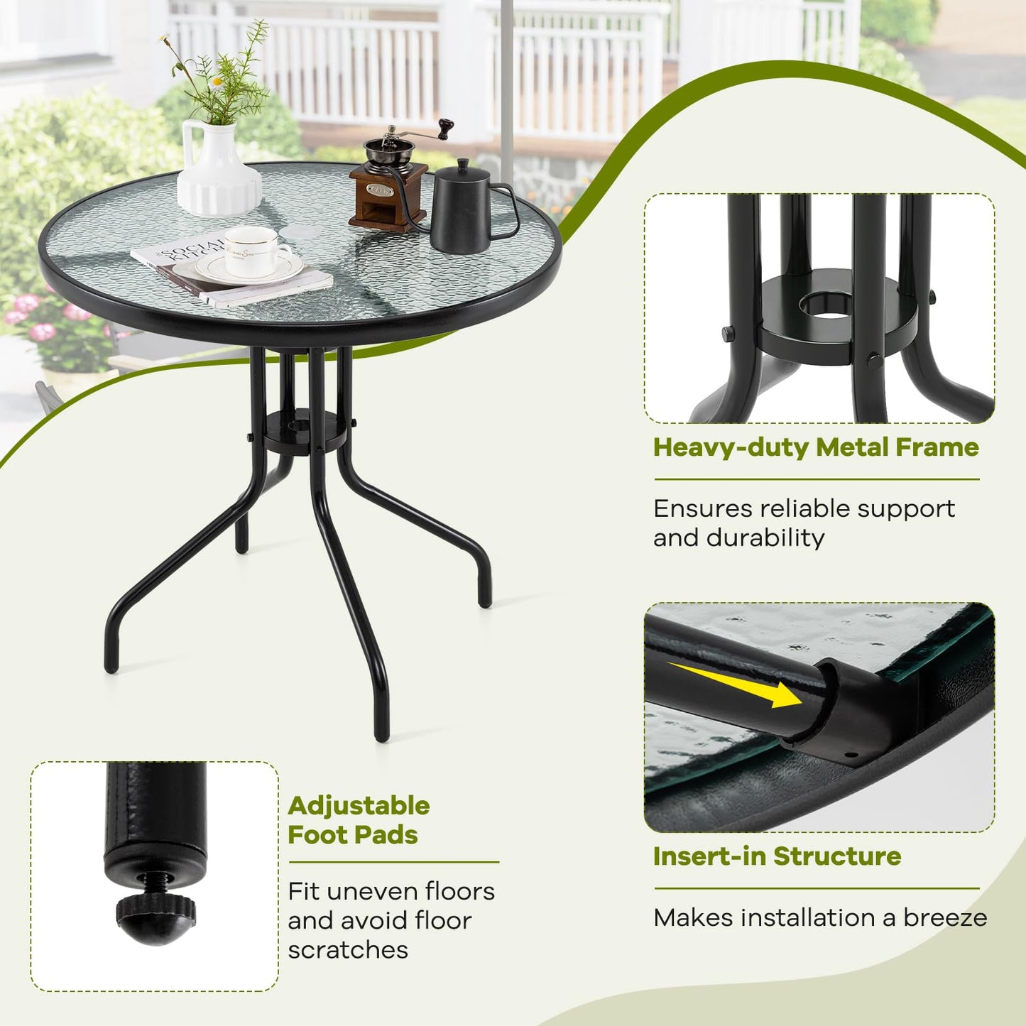 Giantex 31.5" Outdoor Bistro Table, Patio Round Dining Table w/Tempered Glass Tabletop & 2" Umbrella Hole, Heavy-Duty Metal Frame for Garden Yard Poolside Porch (31.5"x31.5"x28.5")