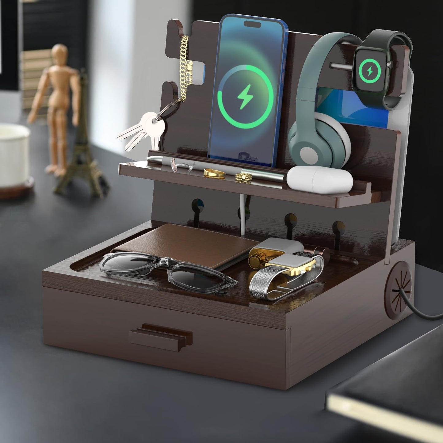 sandpaint Nightstand Organizer for Men with Drawer Wood Docking Station with USB Ports and AC Outlets, Gifts for Men, Holds Phone, Tablet, Keys, Glasses, Earphones Etc（Brown）