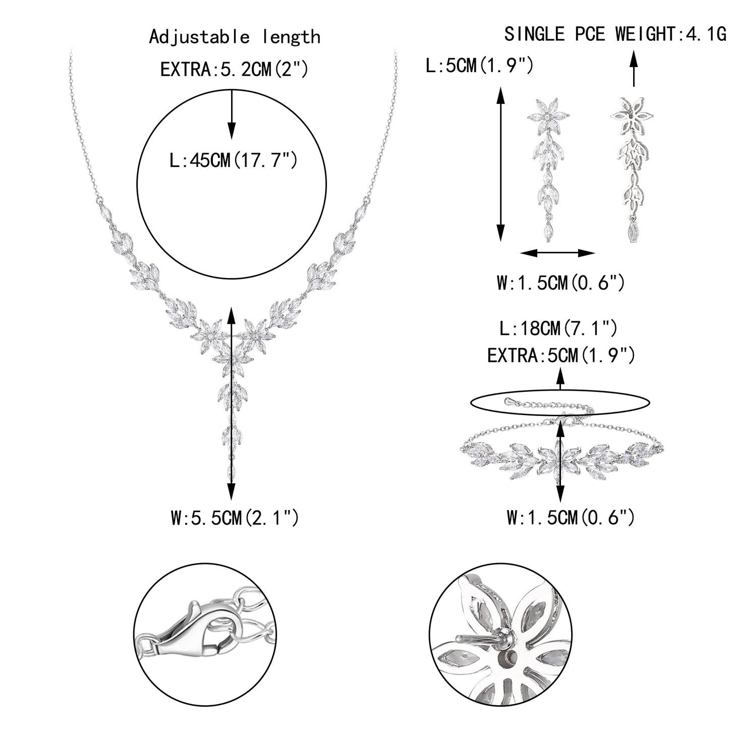 EVER FAITH Wedding Party Jewelry Set for Bride Bridesmaid, Flower Leaf Marquise Cubic Zirconia Necklace Dangle Earrings Bracelet Setsfor Women