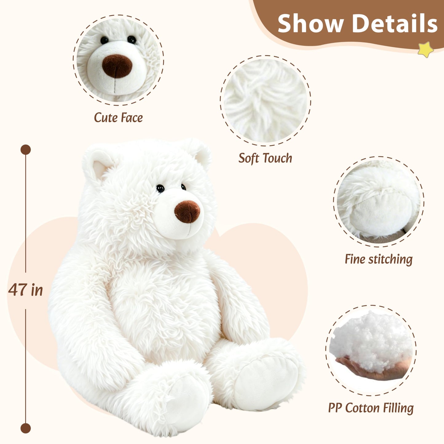 GADXV Giant Stuffed Animals Plush 47 inch, Huge Stuffed Bear Plushies, Large Plush Ploar Bear Animal Gift for Kids Boys, Birthday,Valentine,Christmas