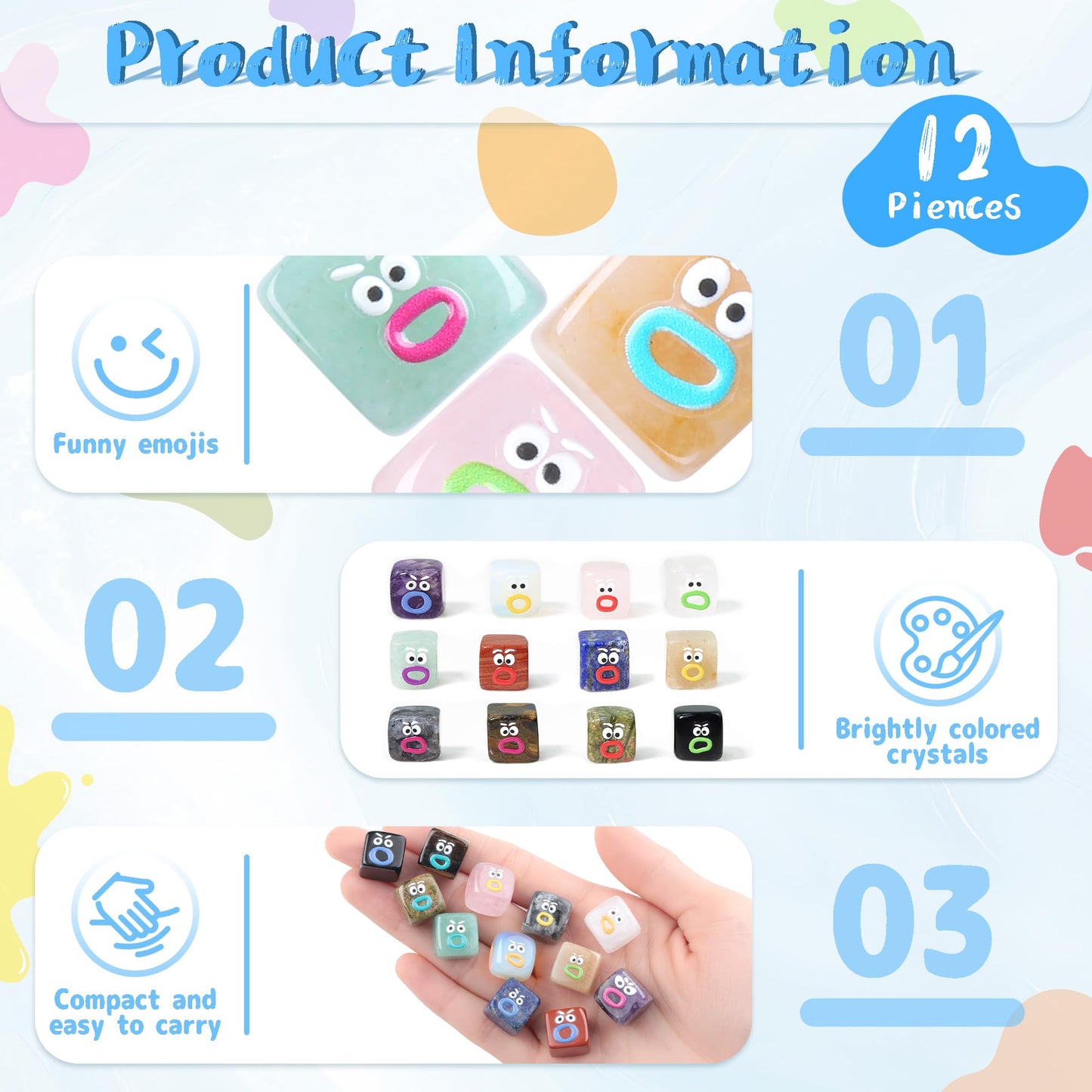 XIANNVXI Funny Emotion Polished Stone Gift 12pcs Cute Emoji Carving Cube Figurine Crystals Rock Present Novel Mothers Day Birthday Graduation Gifts for Women Men Natural Healing Crystals Stones