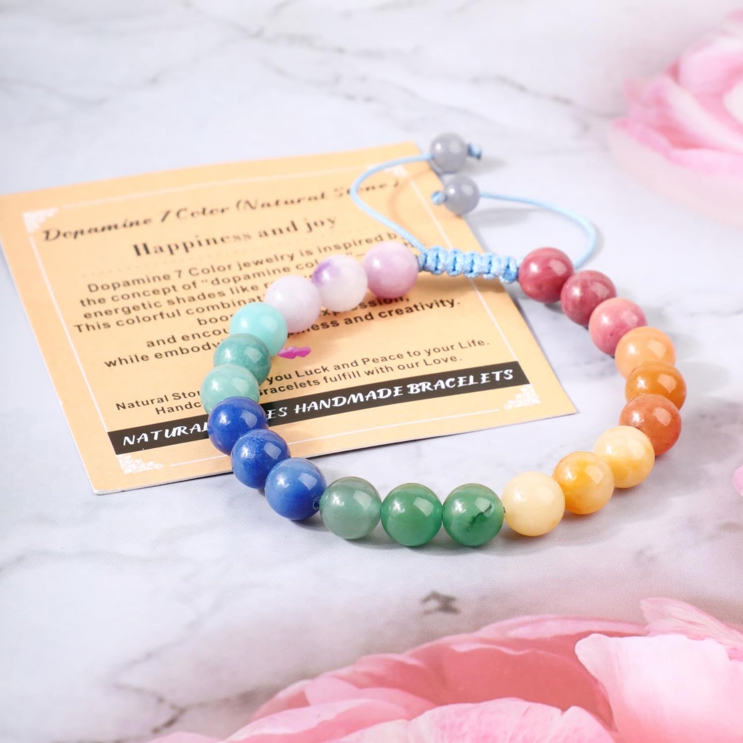 AD Beads 6mm Dopamine 7 Color - Happiness and Joy - Handmade Natural Stone Crystal Bracelet with Adjustable Macrame String - Yoga Healing Power Energy Gifts for Men and Women