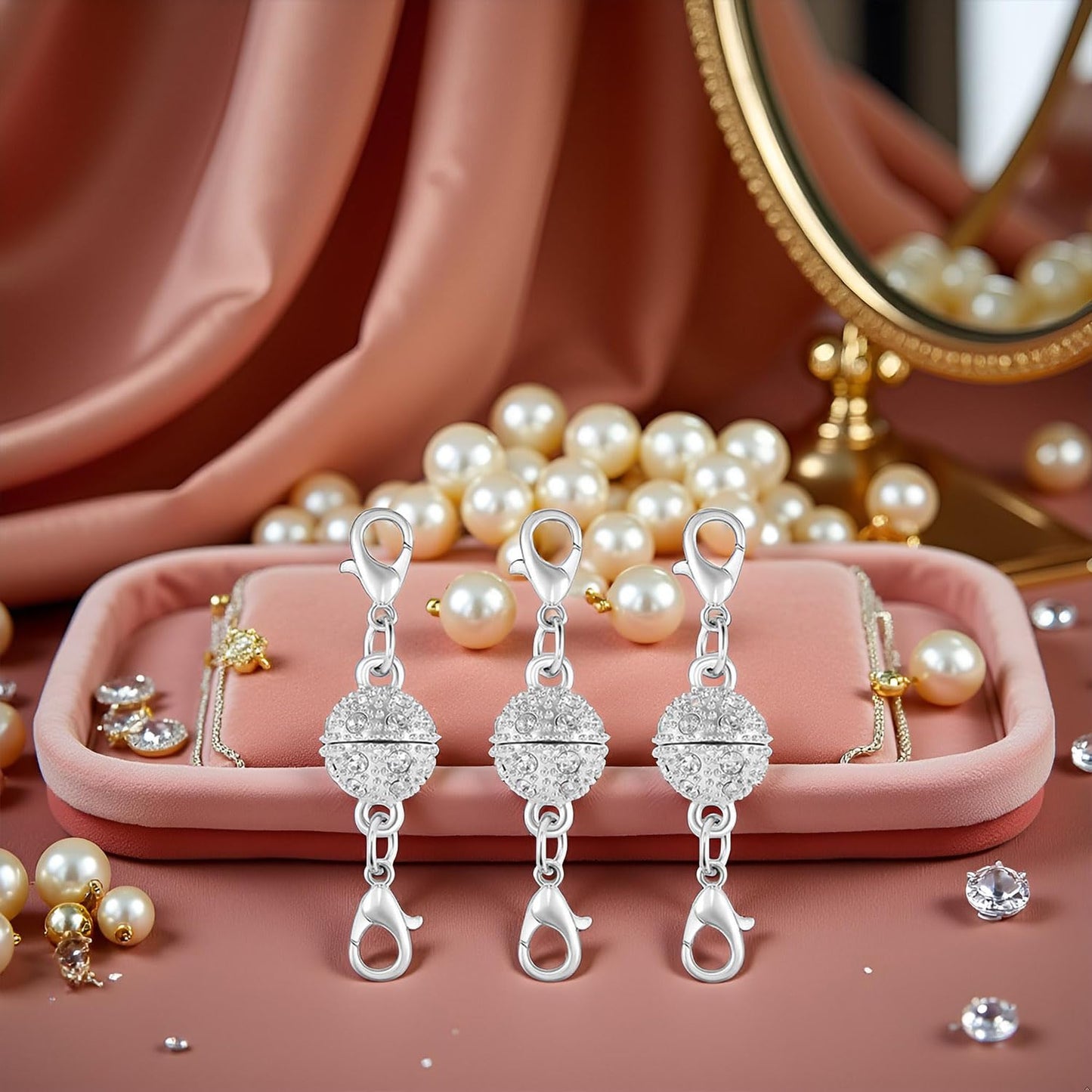 Magnetic Necklace Clasps, 18K Gold and Silver, Crystal Rhinestone Ball Connector with Lobster Clasp, Jewelry Extender for Necklaces, Bracelets (6pcs Golden Silvery)