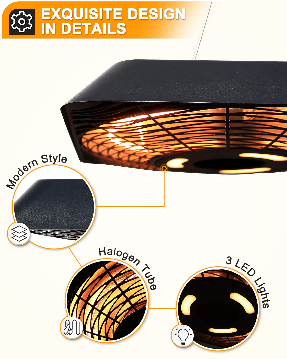 Star Patio Electric Patio Heater, Outdoor Heater with Remote and Touch Switch, 750W/1500W Infrared Hanging Heaters with SQUARE SHAPE Black Finish, IP45 Waterproof, STP1568-RMLED-SQN2025