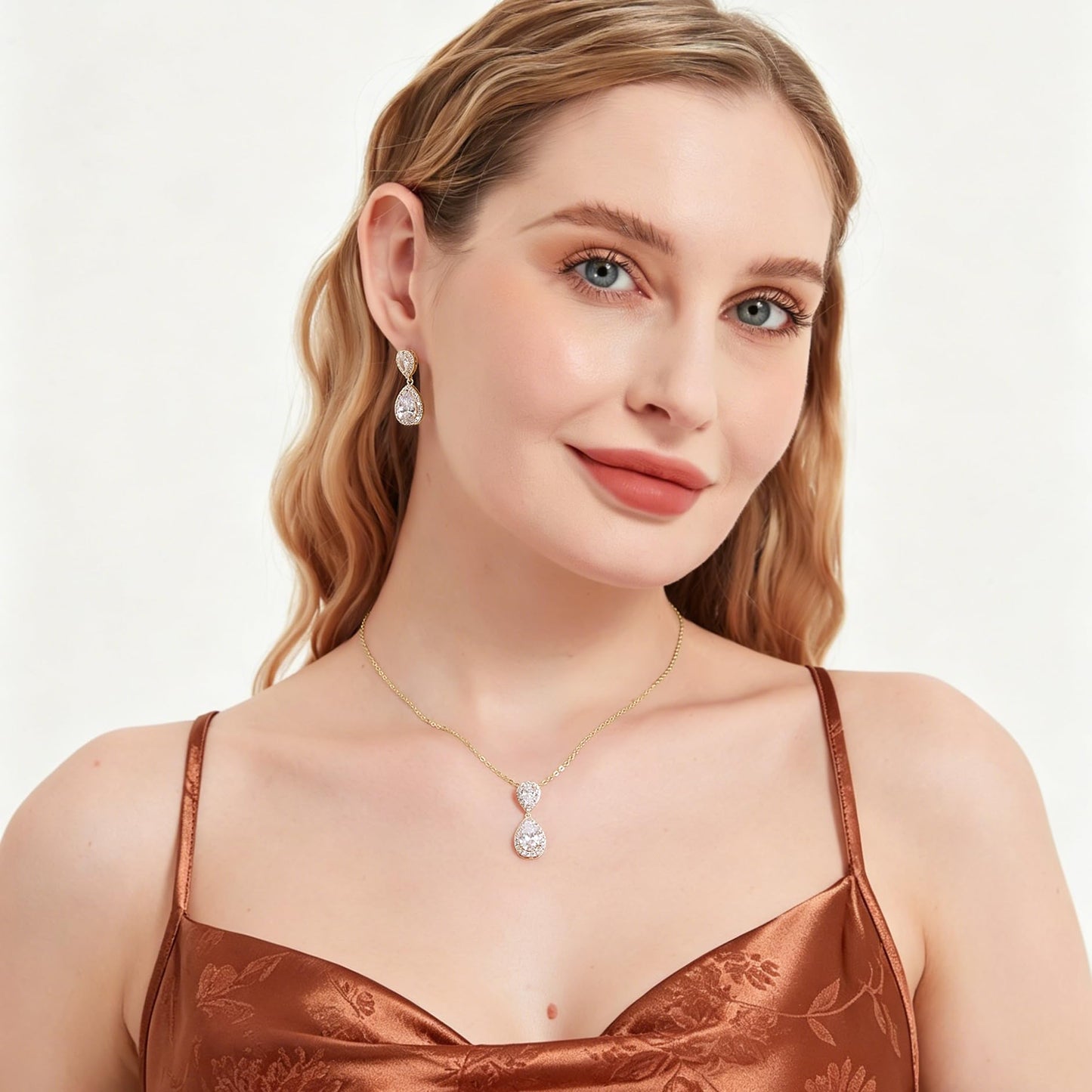 UDYLGOON Bridal Jewelry Set for Women, Cubic Zirconia Teardrop Bride Bridesmaid Necklace and Earrings Set for Wedding Prom Formal (14K Gold Plated)