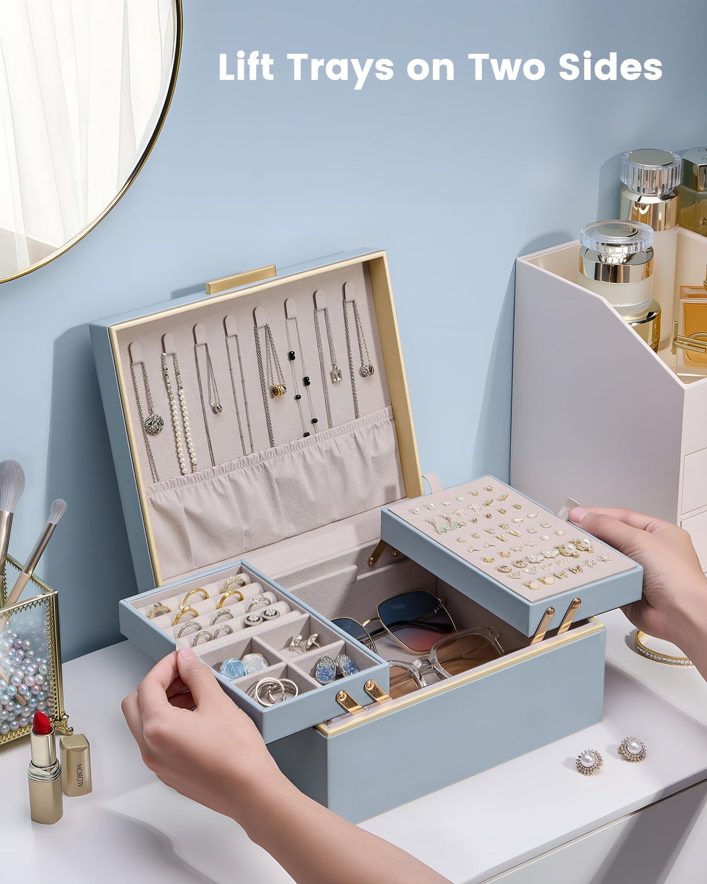 Lolalet Jewelry Box Organizer for Women Girls, 2 Layer Jewelry Organizers and Storage for Necklace Earrings Rings Bracelets, Large Jewellery Holder Case Birthday Mothers Day Gifts -HazeBlue
