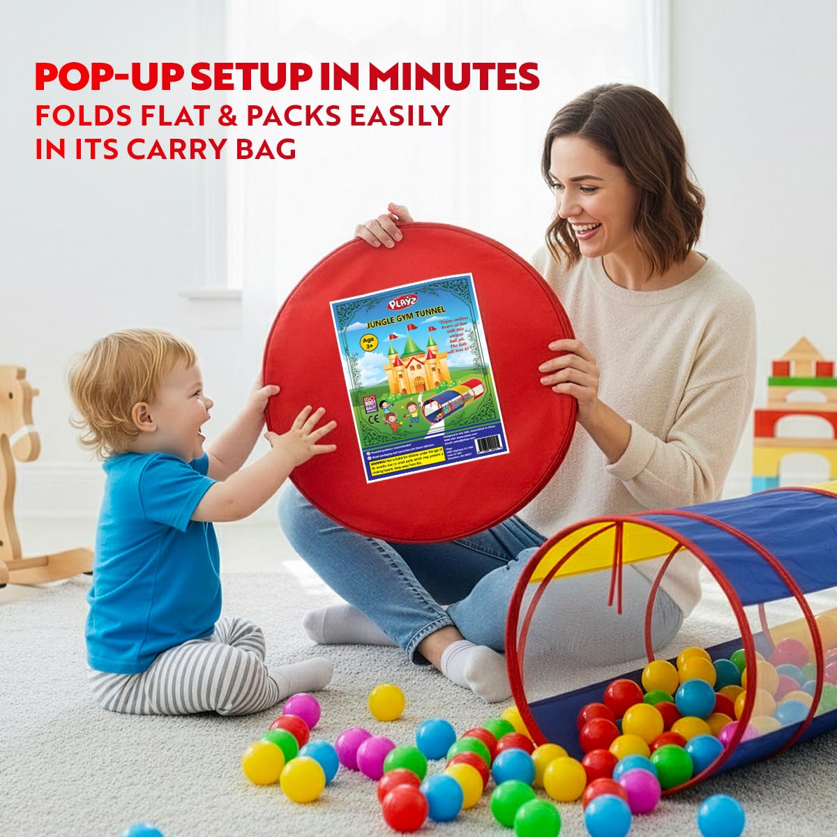 Playz Extra-Large Play Tunnel for Toddlers 1-3 Years – Pop-Up Baby Crawl Tube, Sensory Activity, Indoor & Outdoor Kids Toy, Collapsible for Easy Storage