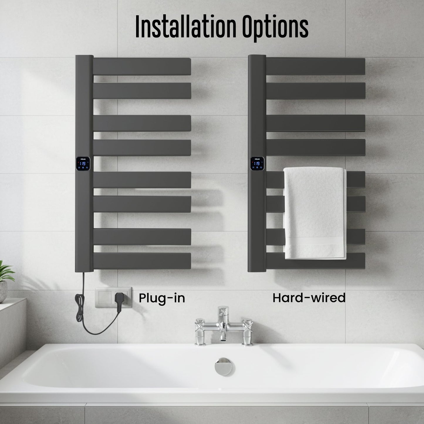 HStrukt Towel Warmer, Heated Towel Rack with Built-in Timer and Temperature Control,Hard-Wired(Left-Wiring)/Plug-in Wall-Mounted Towel Rail, Aluminum，18.8" W X 34.64" H, Black