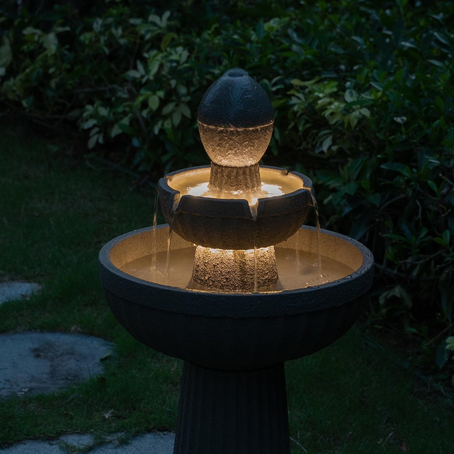 Puulye 37.80” H Outdoor Water Fountain Made with Eco-Friendly Recyclable Materials, Polyethylene Cascading Waterfall Water Fountain Outdoor, Garden Decor with LED Light for Patio, Backyard (Andesite)
