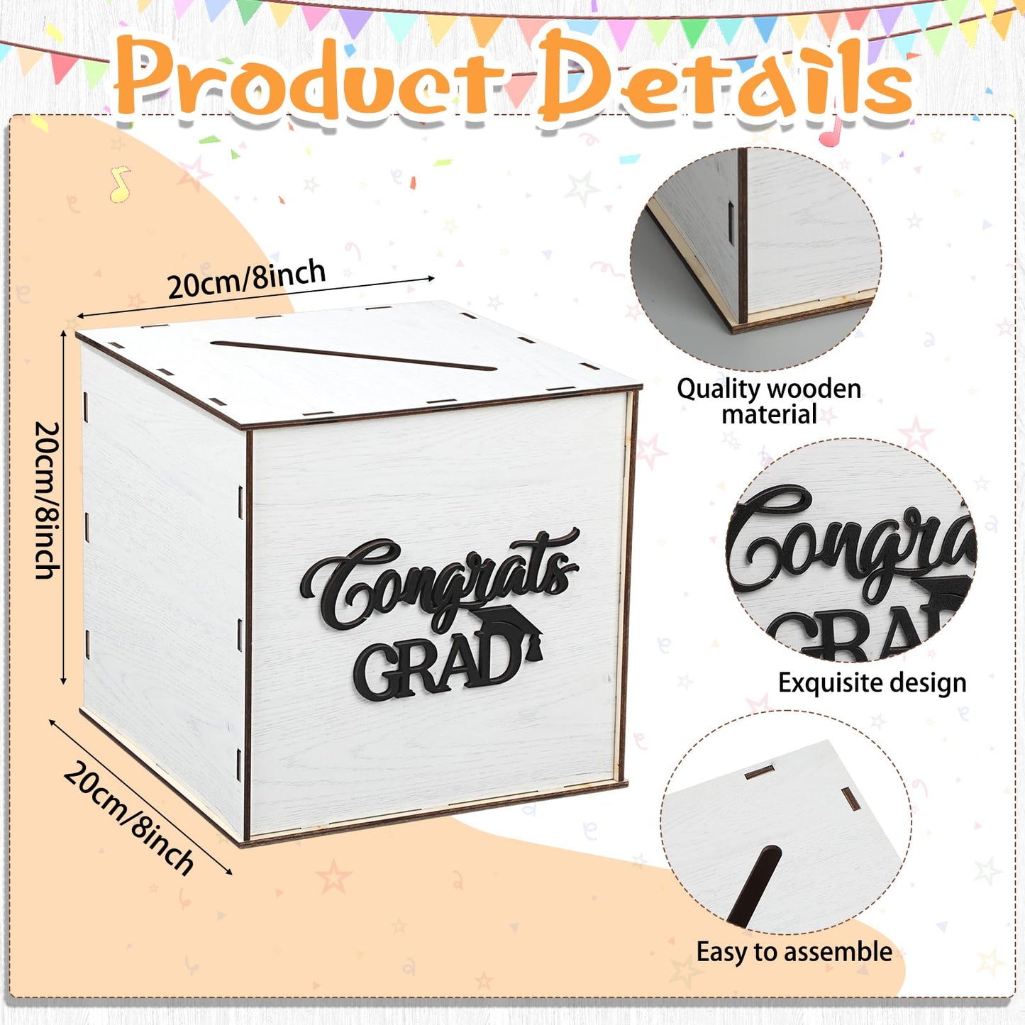 Capoda Wooden Graduation Card Box 8 x 8 x 8 Inch Class of 2026 Rustic Card Box Holder with Slot for 2026 Graduation Party Decorations Supplies(White)