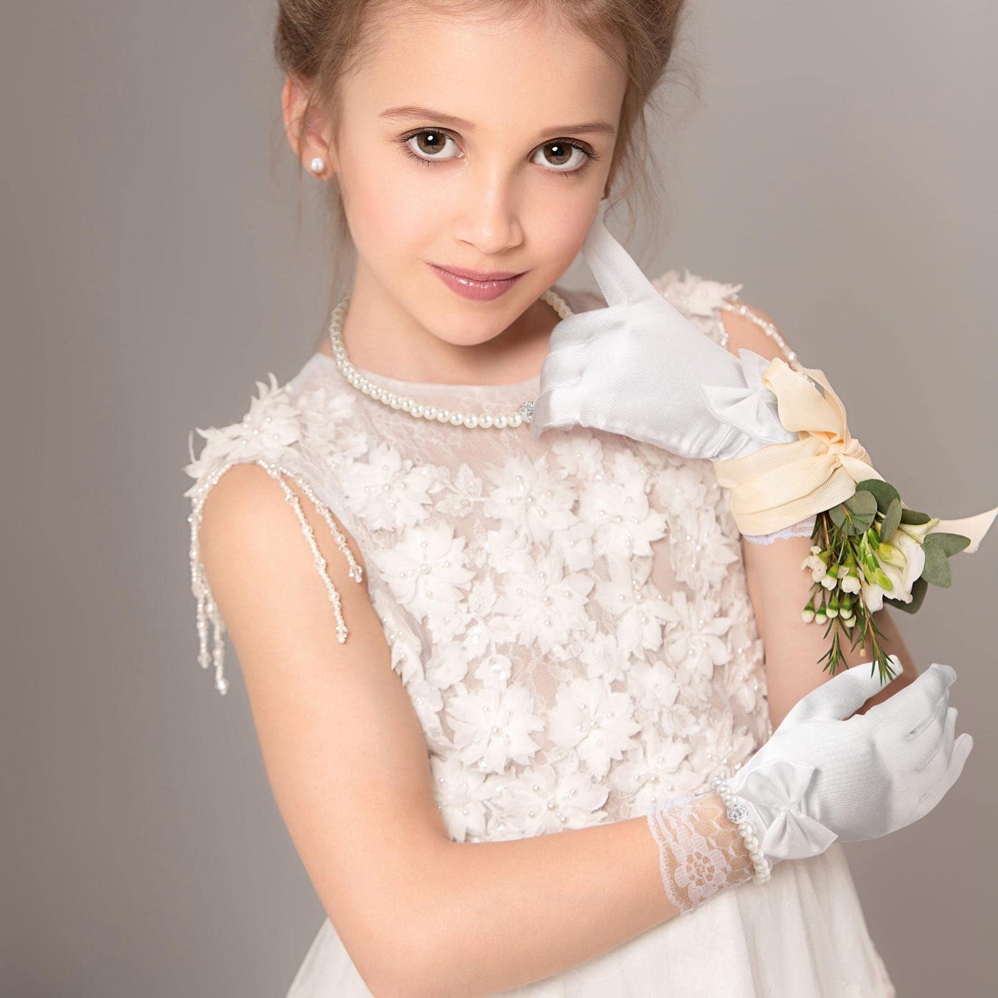 Geyoga 4 Pcs Pearl Necklace Set for Little Girls Toddler Girls Jewelry Communion Gloves for Kids Christmas Tea Party Wedding(Elegant Style,4-8 Years)