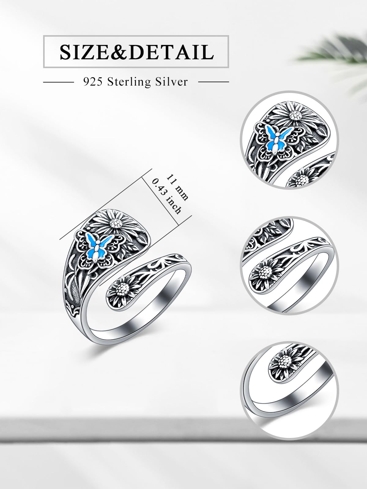 Midari Butterfly Sunflower Spoon Rings 925 Sterling Silver Butterfly Ring Sunflower Ring for Women Adjustable Thumb Spoon Rings Vintage Finger Open Spoon Rings for Women Daughters
