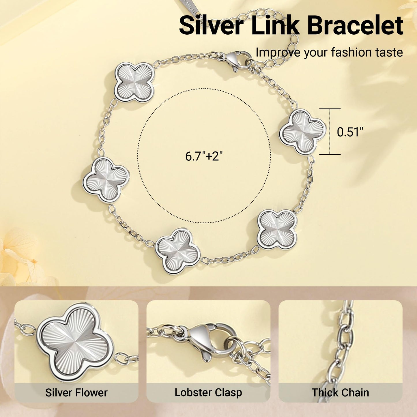 CORSMGSE 18K Gold Plated Clover Lucky Bracelet for Women Gold White Black Pink Green Red Blue Adjustable Double Sided Flower Four Leaf Link Bracelets Trendy Jewelry Gifts for Women Men (Silver)