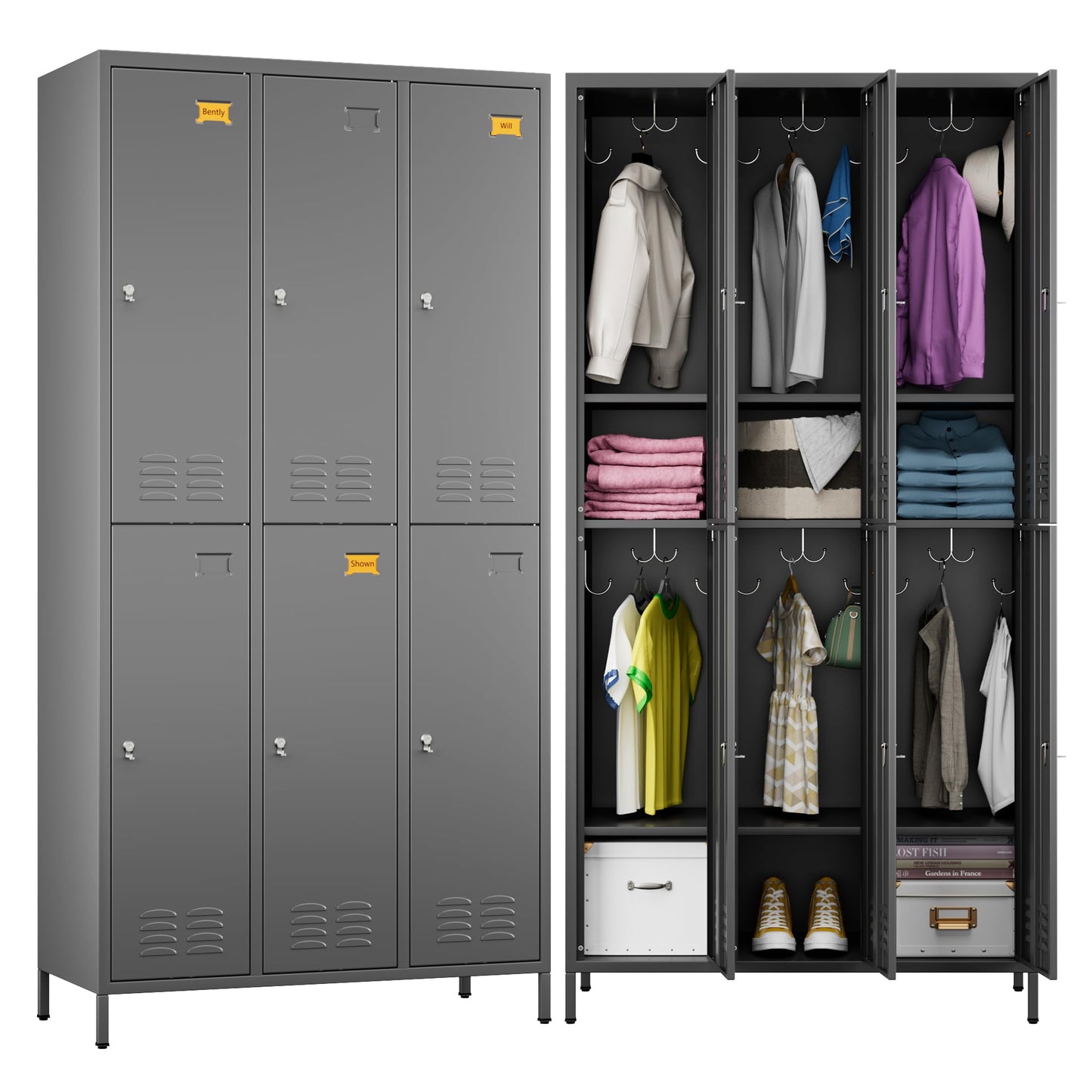 SPKAPO 6 Doors Metal Lockers for Employees with 18 Hooks,Meta Storage Locker with Business Card Holder for School Office Gym Garage Home,Assembly Required,Dark Gray