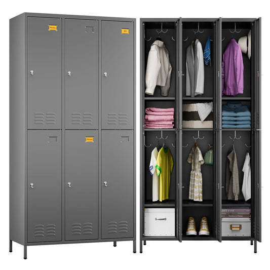 SPKAPO 6 Doors Metal Lockers for Employees with 18 Hooks,Meta Storage Locker with Business Card Holder for School Office Gym Garage Home,Assembly Required,Dark Gray