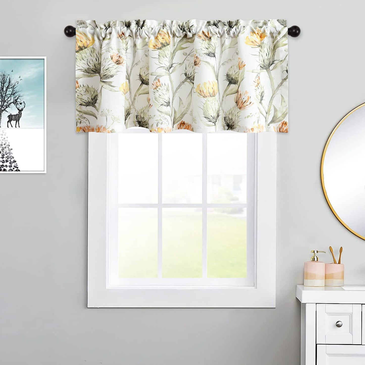 Leeva Floral Valance Curtains for Living Room, Rod Pocket Window Curtain Topper for Kitchen (52 Inch Wide by 18 Inch Long, 1 Panel, Orange)