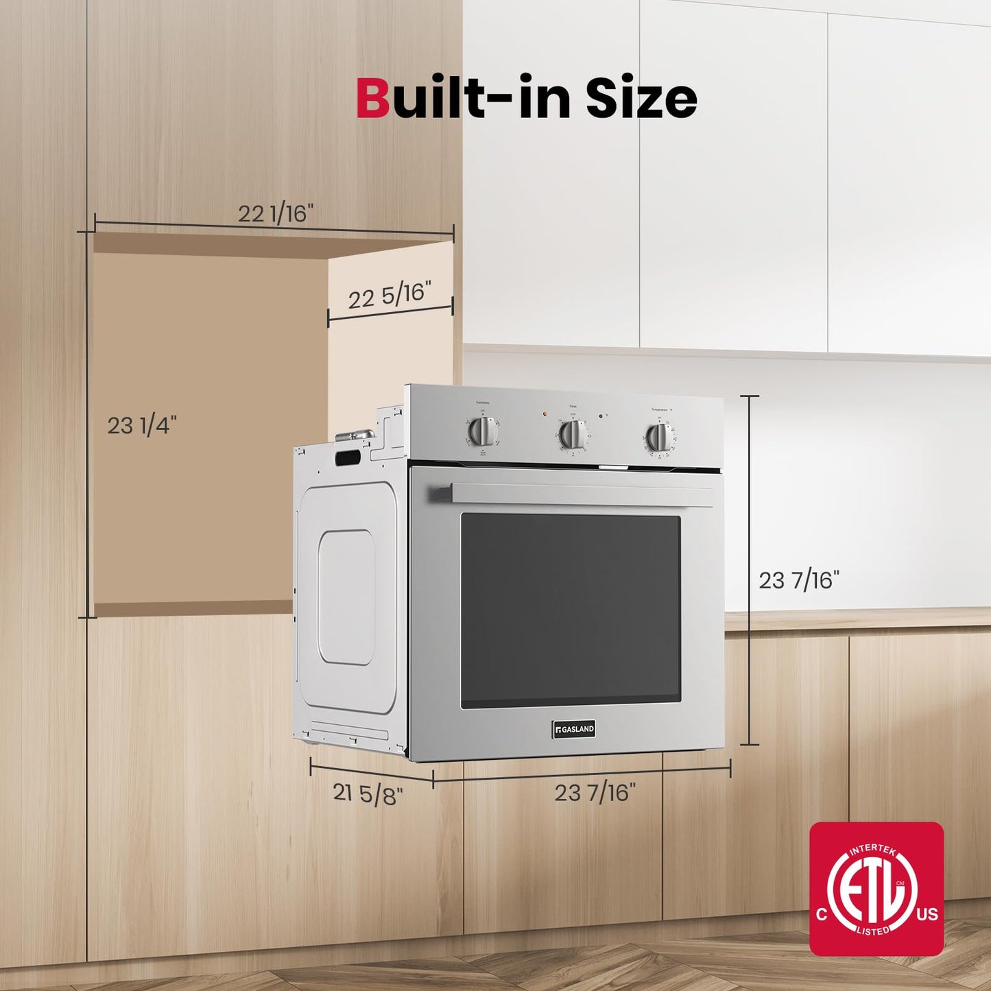 24 Inch Electric Wall Oven, GASLAND Built-in Oven with 2.79 Cu.ft Capacity, 5 Working Functions, Ergonomic knob, Removable 3-Layer Glass Door, 2200W Stainless Steel Single Wall Oven, ETL Certified