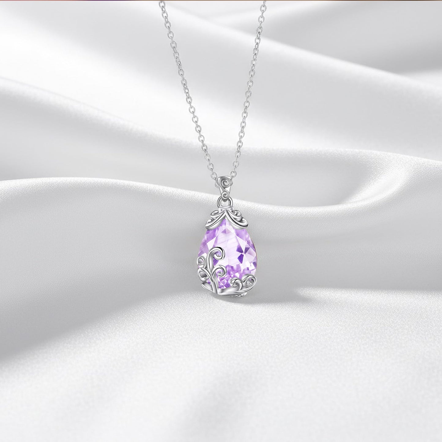 POPLYKE Sterling Silver Birthstone Filigree Teardrop Necklace Filigree Pendant Jewelry Gifts for Women