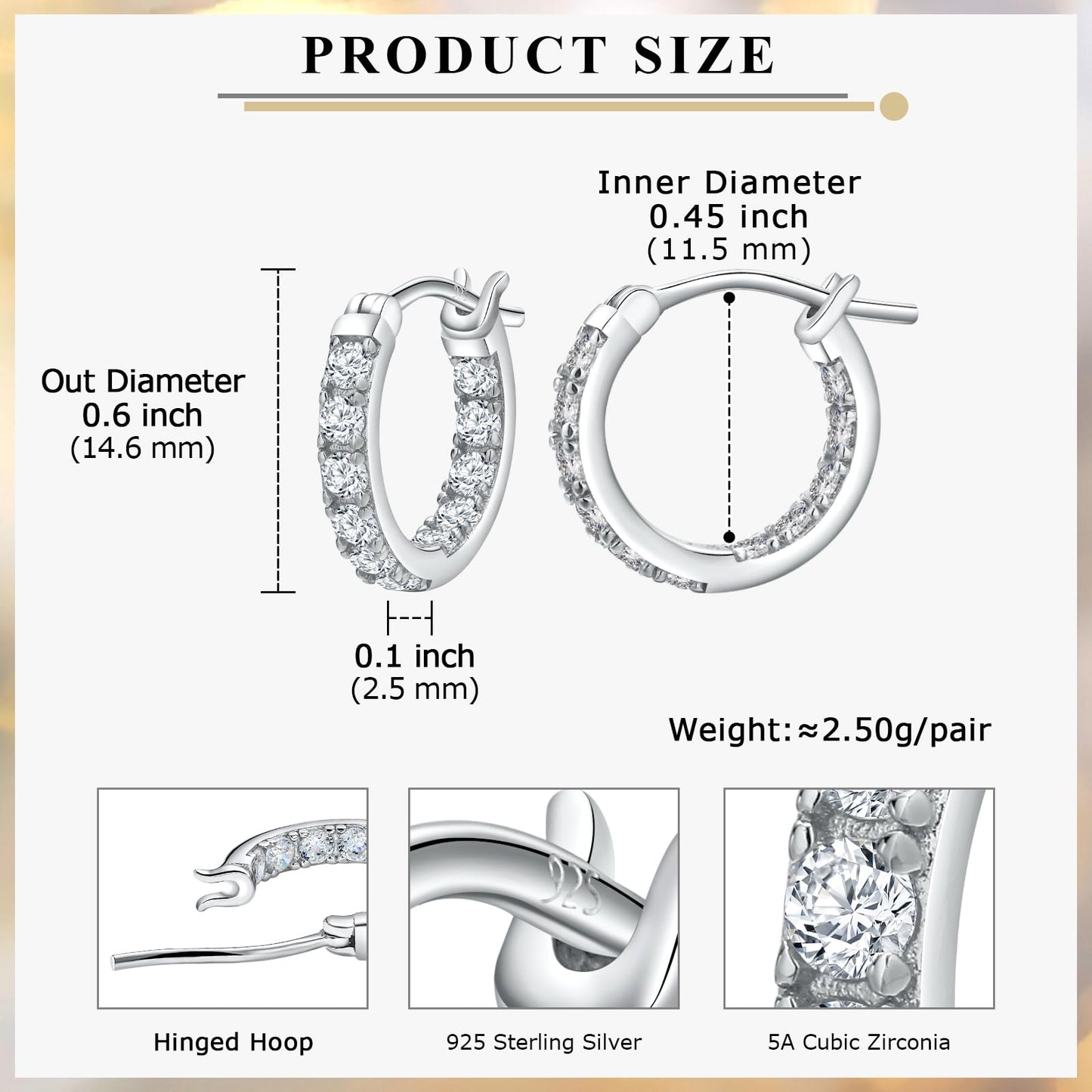 AGRULE 15mm Small Hoop Earrings with Cubic Zirconia Sterling Silver White Gold Plated Hypoallergenic Clip Top Hoops Created Diamond Hoop Earrings for Women