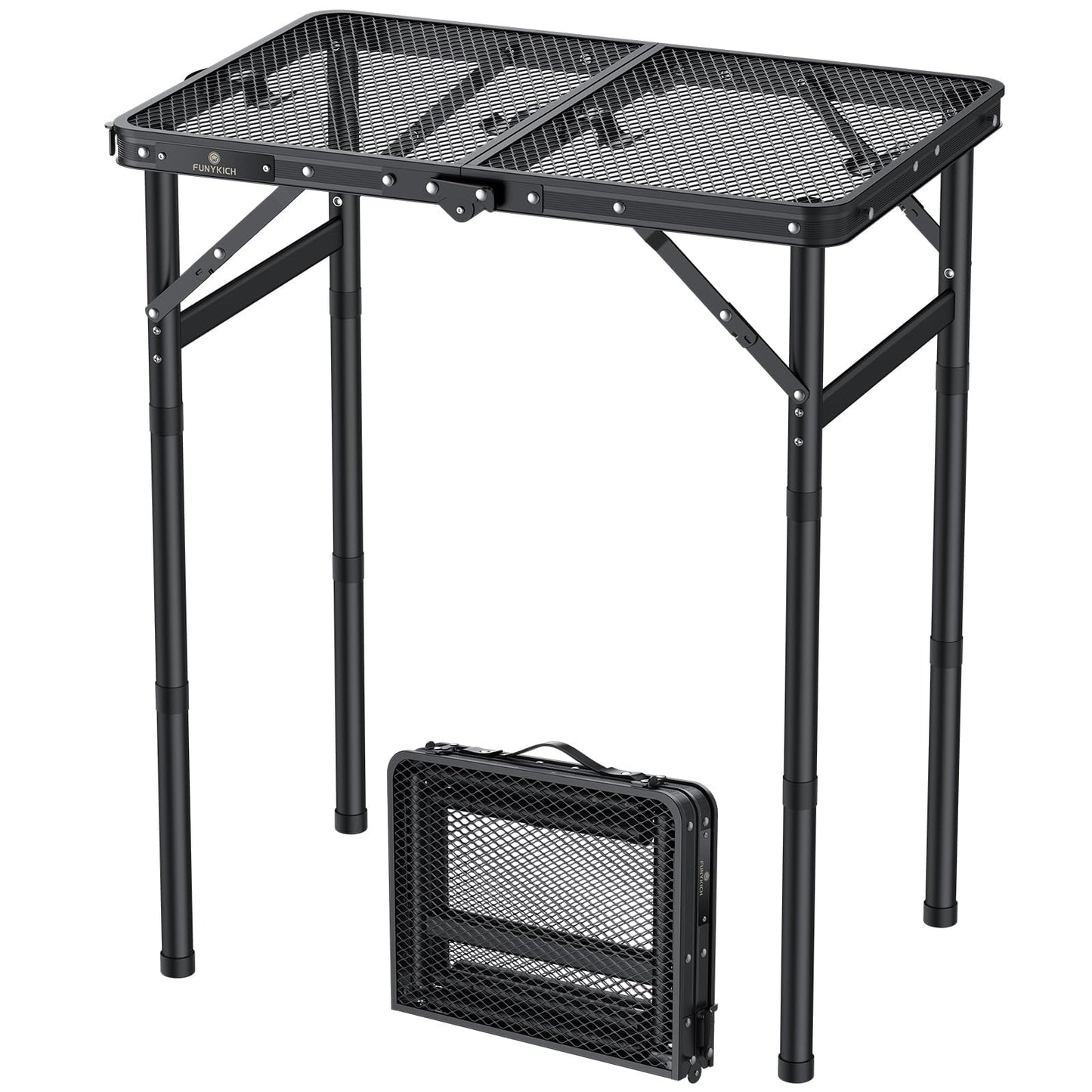 FUNYKICH Folding Grill Table for Outside, 3 Height Adjustable Portable Camping Tables, Lightweight Metal Aluminum Outdoor Table with Portable Handle for Camping, Picnic, BBQ, 23''x16'', Black