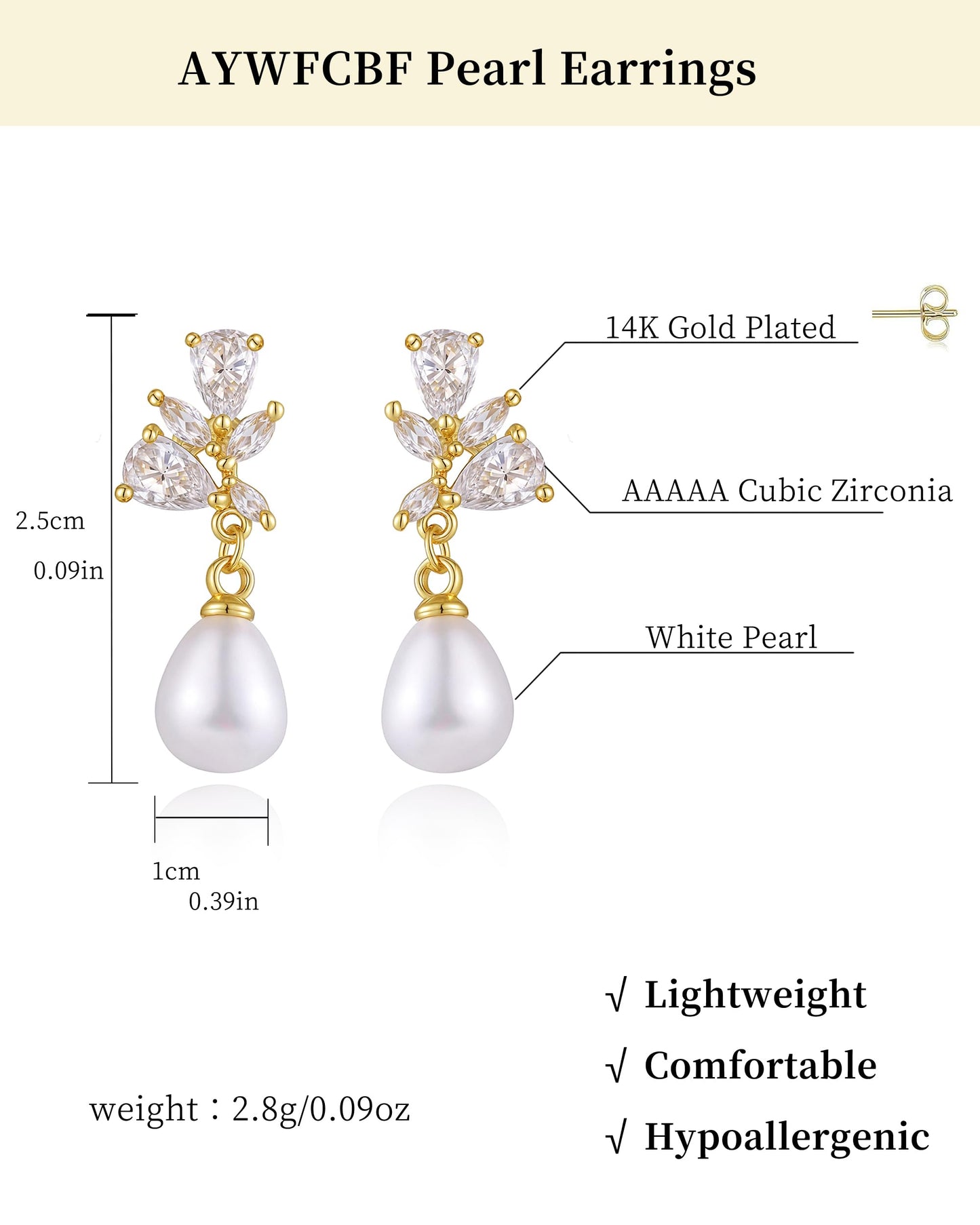 Pearl Earrings for Women, Hypoallergenic Silver Cubic Zirconia Pearl Drop Earrings Bridal Shower Gifts for Wedding Party