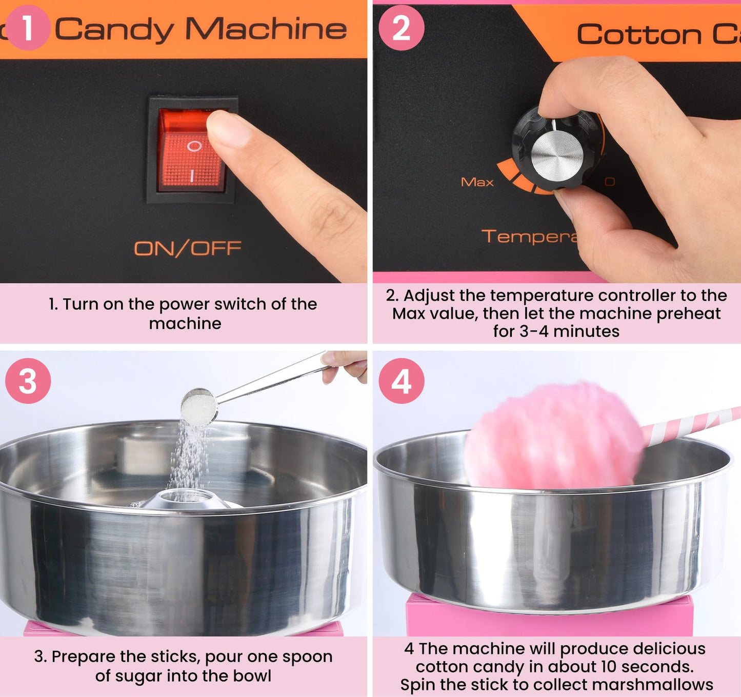 Cotton Candy Machine Commercial & Cotton Candy Cones for Cotton Candy Making, Candy Floss Machine with Stainless Steel Bowl and Sugar Scoop, 60PCS Colorful Sticks for Kids Birthday, Family Party