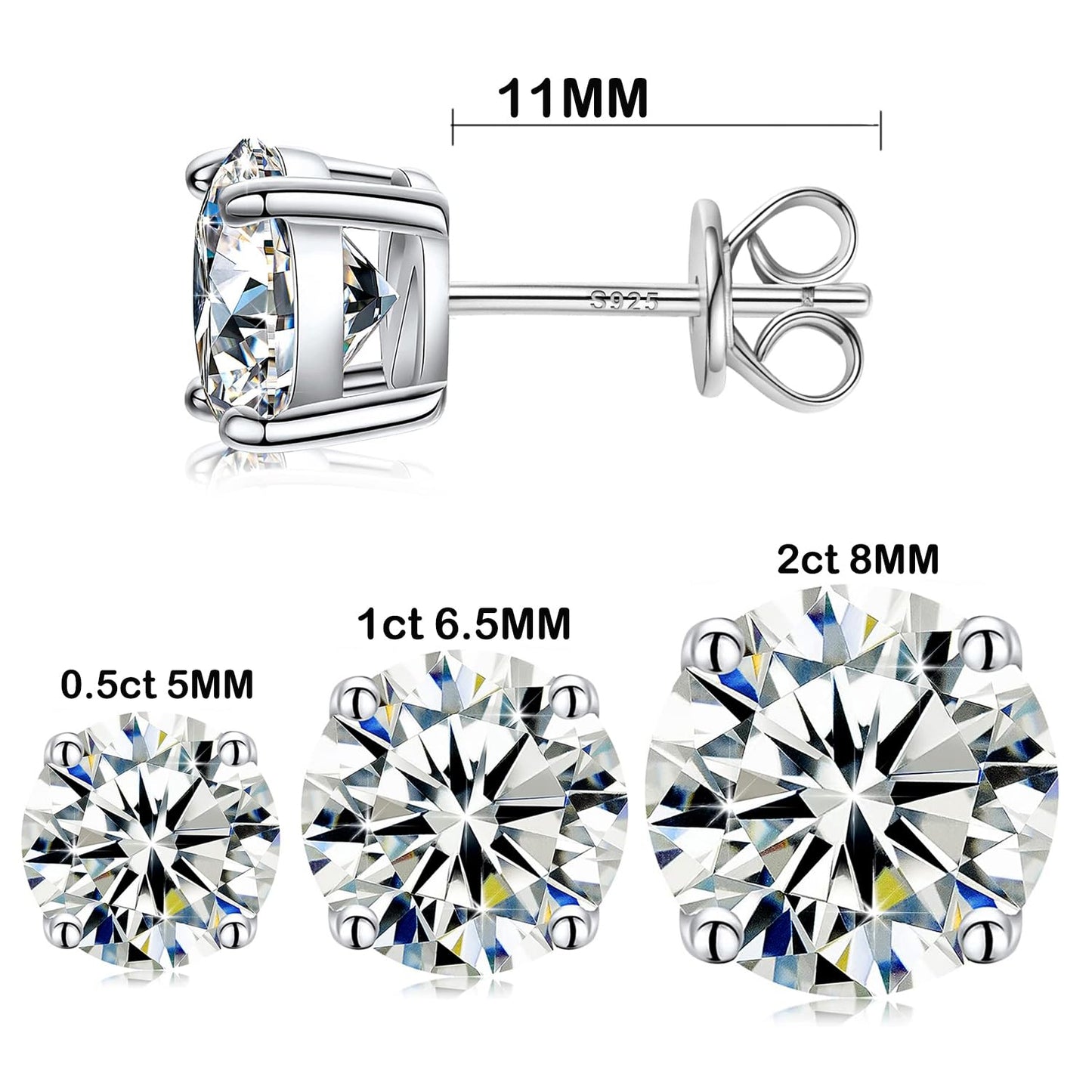 Wedding Stud Earrings for Women Men Total 2ct Moissanite - Laboratory Diamond S925 Silver Earrings Jewelry (6.5MM 1ct X2)