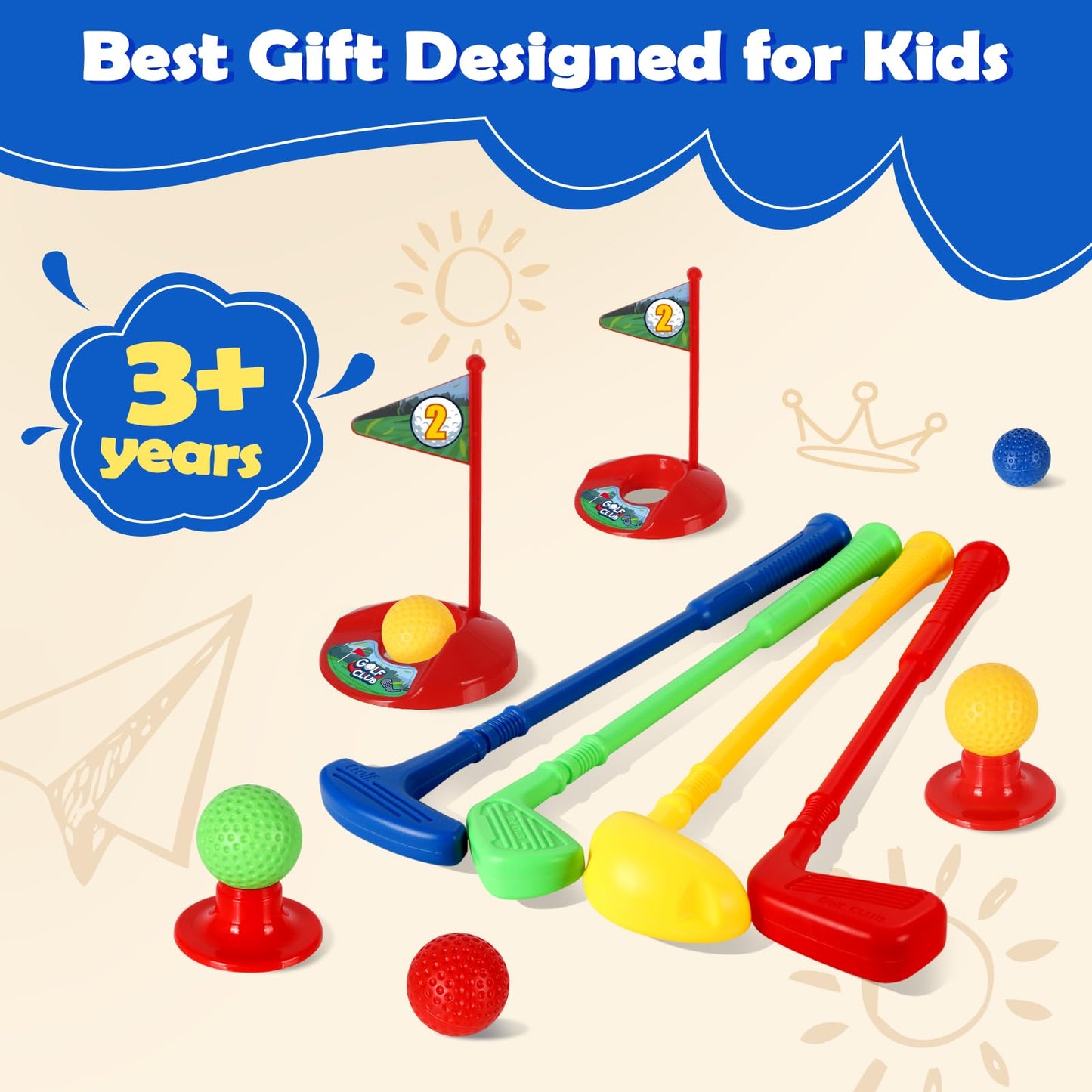 SUPER JOY Toddler Golf Set, Kids Golf Cart with 4 Clubs & 8 Balls, Indoor Outdoor Kid Golf Clubs for 3-5 Boys Girls, Mini Golf Birthday Gifts for Baby 3-5 Years Old