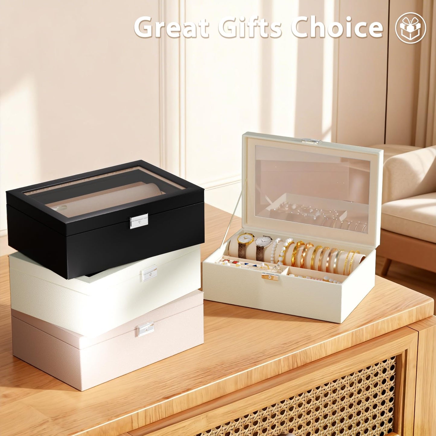 Jolensoy Jewelry Organizer Box with Clear Glass Lid, Bracelet Holder Jewelry Storage Case for Earrings, Rings, Bangles, Watches - PU Leather Jewelry Display Box Gifts for Women Girls, White