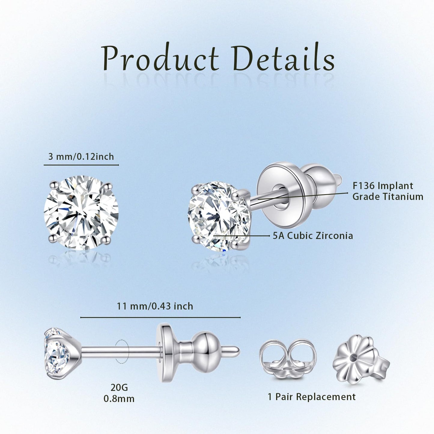 Limerencia G23 Pure Titanium Earrings F136 Implant Grade Titanium Studs 20G Hypoallergenic Round Cubic Zirconia/Princess-Cut/Square/Ball Earrings for Women Men Sensitive Ears(3mm Cubic Zirconia)