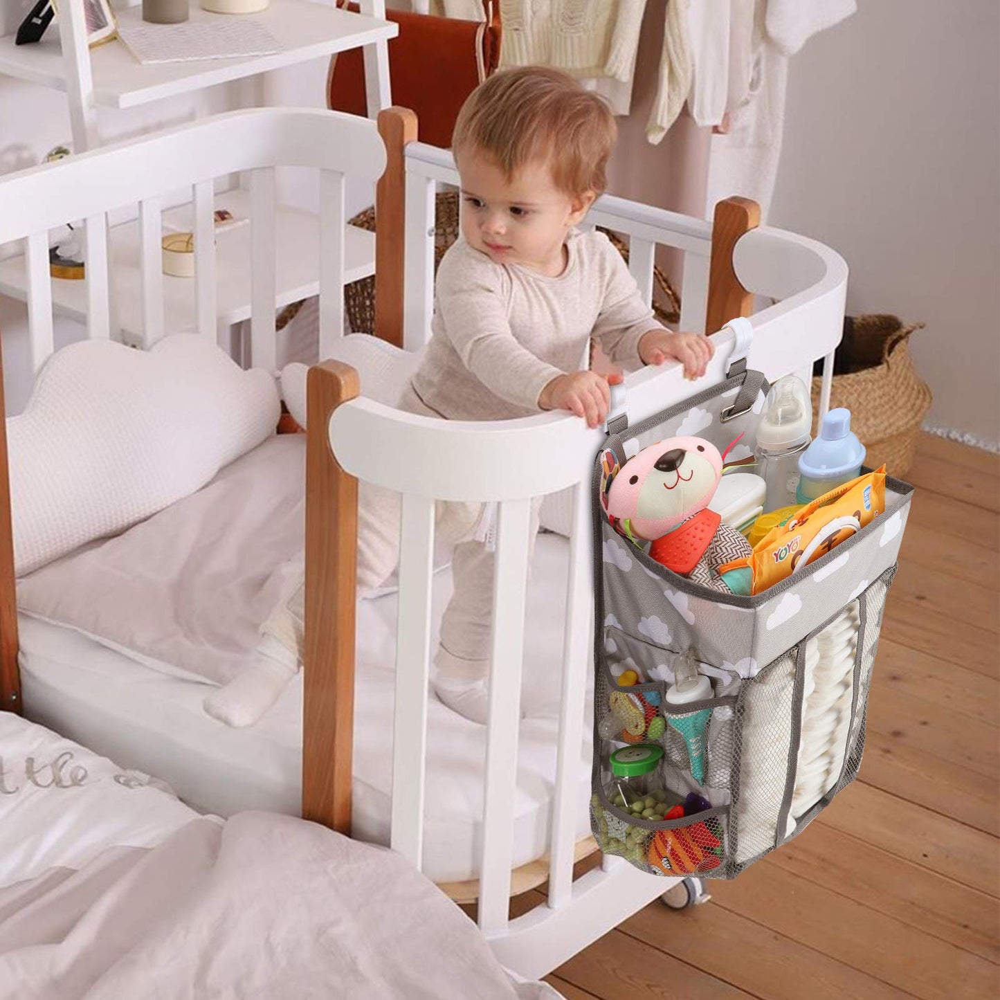 Accmor Hanging Baby Diaper Caddy Organizer, Diaper Stacker, Baby Crib Hanging Classified Storage Bag Organizer for Changing Table, Crib, Playard or Wall & Nursery Organization, Grey Cloud