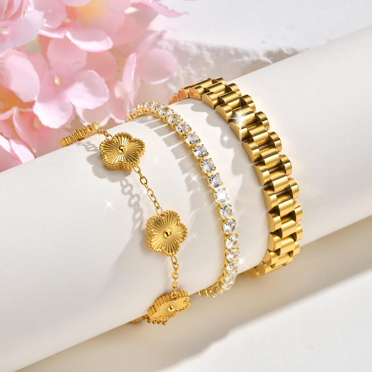 Stackable Gold Floral Bracelets Set - 3pcs 18K Gold Plated Bracelet Non-tarnish,Stainless Steel Link Chain Friendship Bracelet,Watch Band Trendy Jewelry,Christmas Valentines Birthday Gifts for Women