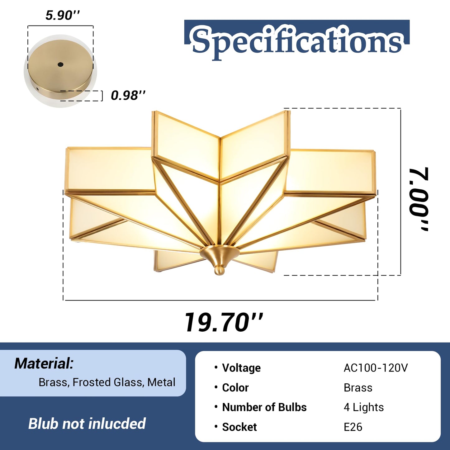 Aeyee Star Glass Ceiling Light with Ceramic Light Socket Brass Flush Mount Ceiling Light Fixture with Frosted Glass Shade Mid Century Moravian Star Light for Bedroom Foyer Living Room (19.7")