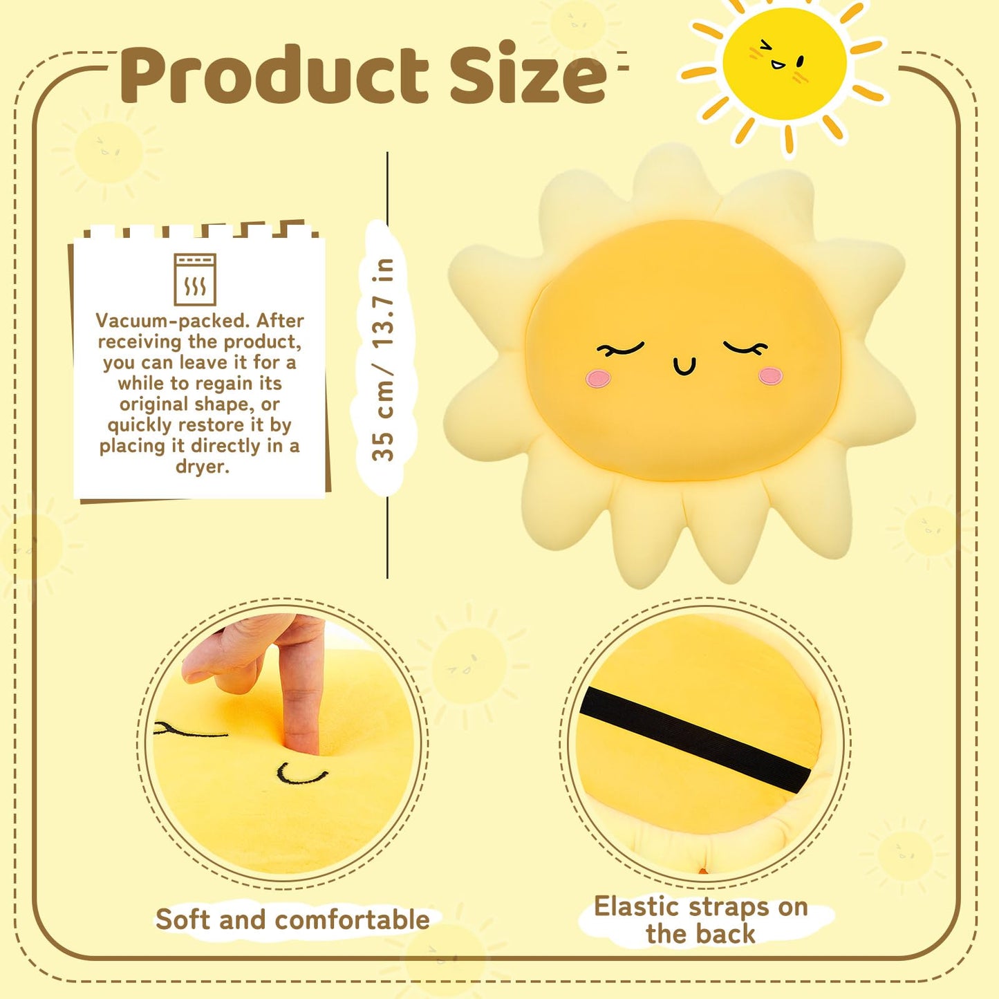 Juexica 1 Pcs Sun Pillow Plush Sofa Cushion Cute Stuffed Sun Shaped Floor Pillow Car Throw Soft Toy for Kids Women Girls Bed Home Decoration (13.7 Inch)