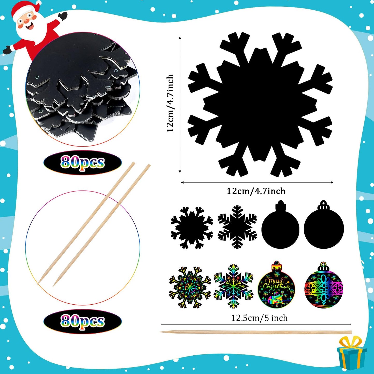 Yeaqee 80 Pcs Christmas Ornament Scratch Cards Christmas Scratch Paper Art with Drawing Sticks and Ribbons DIY Xmas Magic Paper for Winter Xmas Home Party DIY Activities (Snowflake)