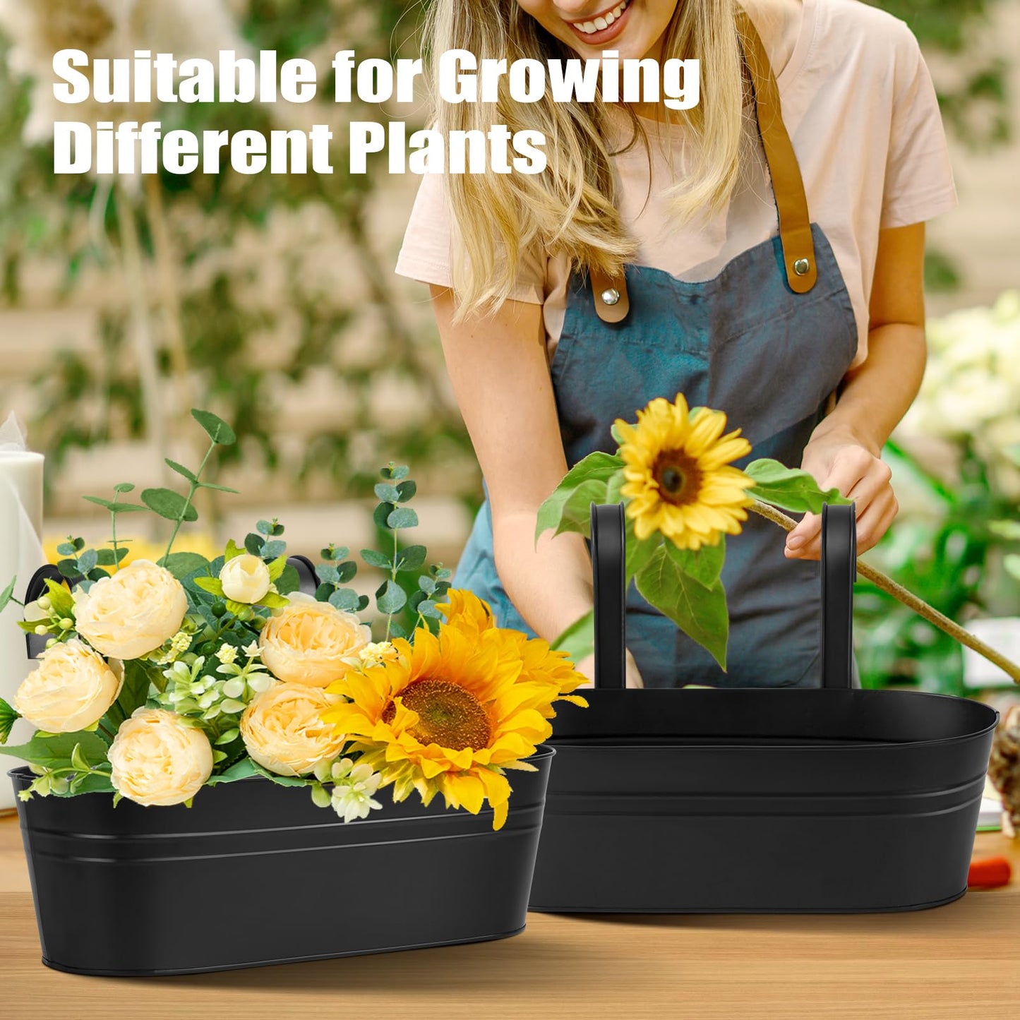 Zishine 15.7 Inch Metal Iron Hanging Flower Pots 3 Pcs Iron Railing Fence Planter with Drainage Holes and Hooks Metal Hanging Bucket Pots for Porch Railing Balcony Fence(Black) (3, Black)