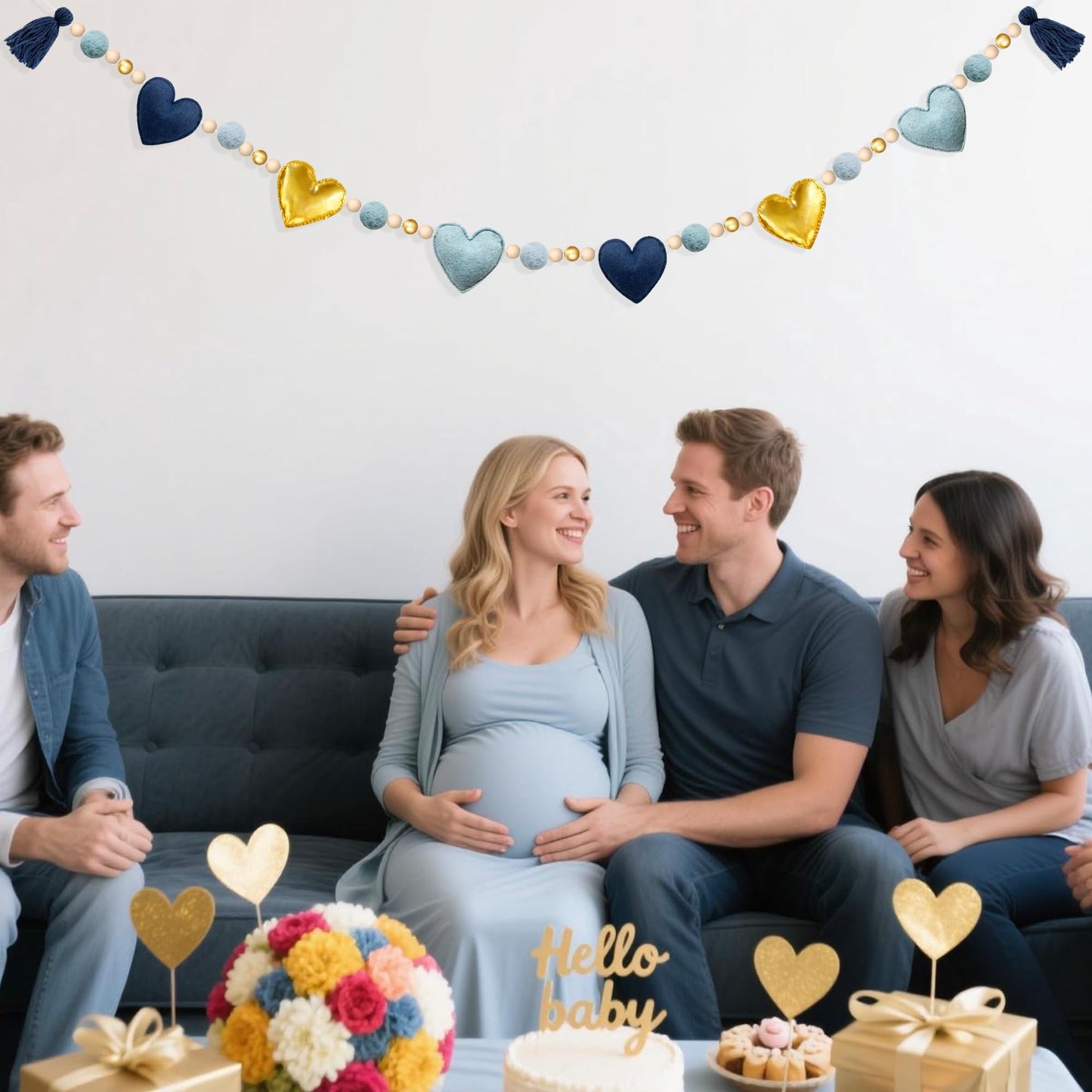 Dusty Blue Gold Heart Decorations Handmade Pre-Strung Felt Heart Banner Wool Felt Ball Wooden Bead Garland for Birthday Baby Shower Anniversary Valentines Day Nursery Classroom Fireplace Home Decor