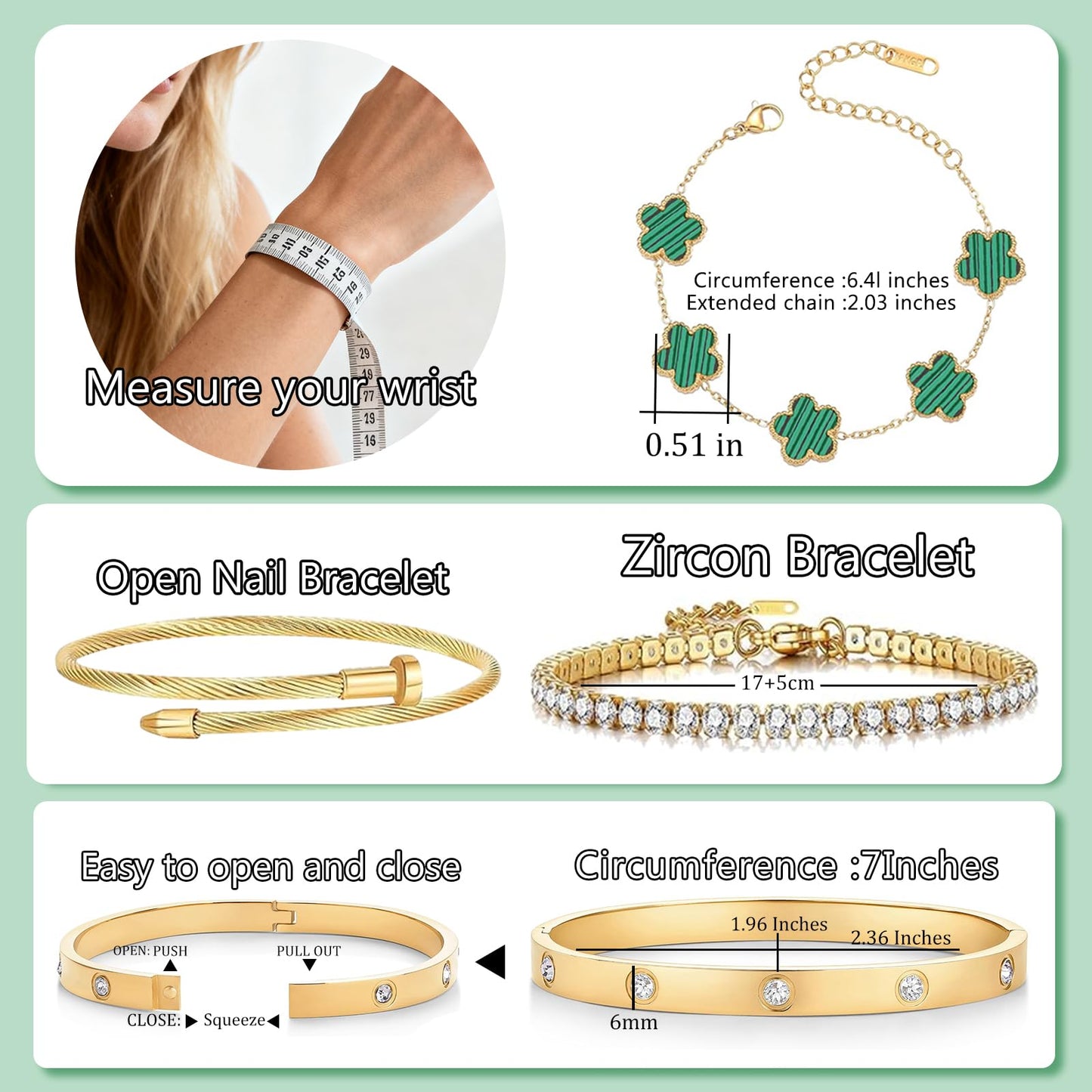 Gold Bracelets for Women, 18K Gold Plated Women Tennis Bracelets Clover Nail Love Bangle Bracelet Set, Gold Bracelet Stackable Set Trendy Jewelry, Gifts for Women's Day and Mother's Day (07-Color-green)