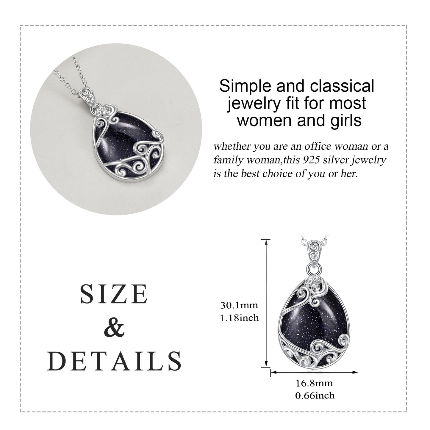 YAFEINI 925 Sterling Silver Blue Sandstone Necklace Filigree Teardrop Pendant Necklace Jewelry for Women (FF-Blue Sandstone Filigree Necklace)