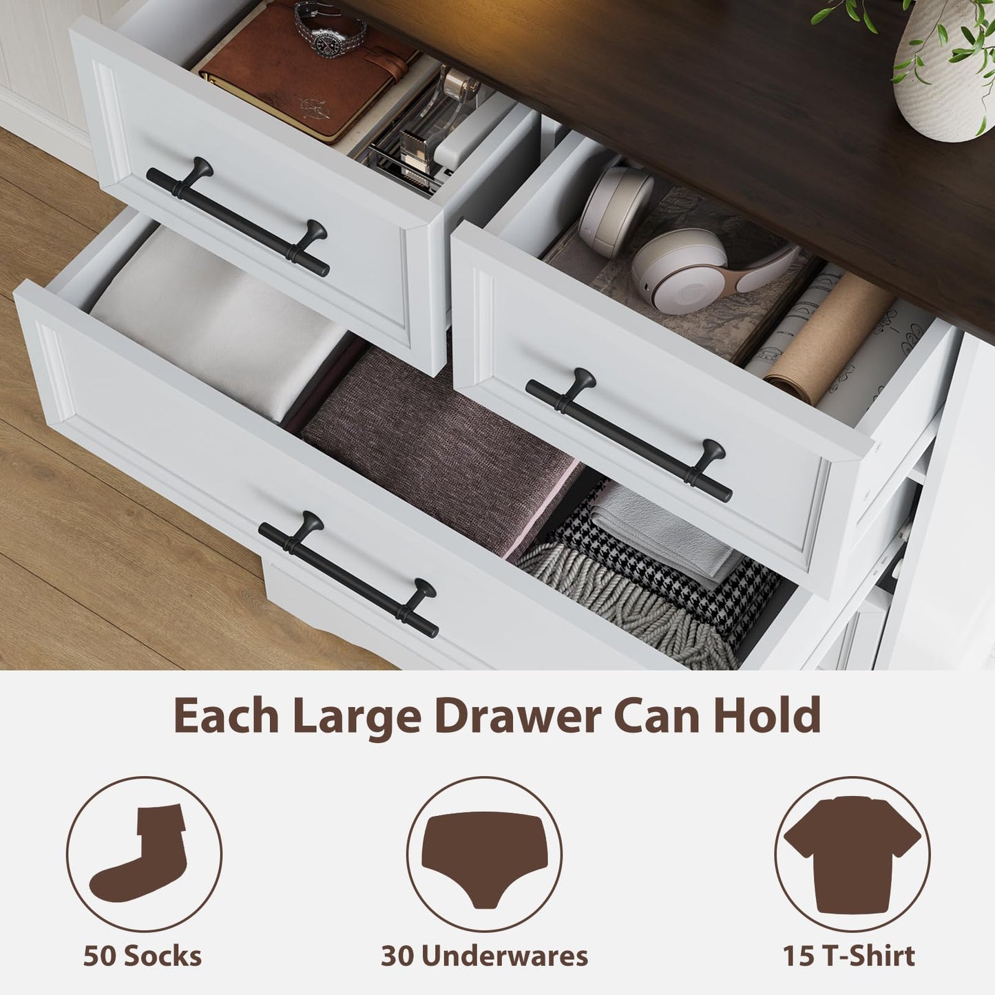 YANSNWO White Dresser for Bedroom, Farmhouse 6 Chest of Drawers, Modern 44" Tall Chest of Drawers with Brushed Metal Handle, Wood Closet Organizers and Storage Cabinet for Bedroom, Living Room