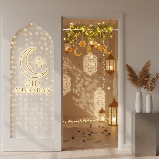 Yookeer 9 Pcs Ramadan Decorations Eid Mubarak Home Decorations Ramadan Archway Decor Eid Mubarak Adjustable Doorway Garland with Light Islamic Wooden Moon Ornaments for Entryway Indoor Muslim Party