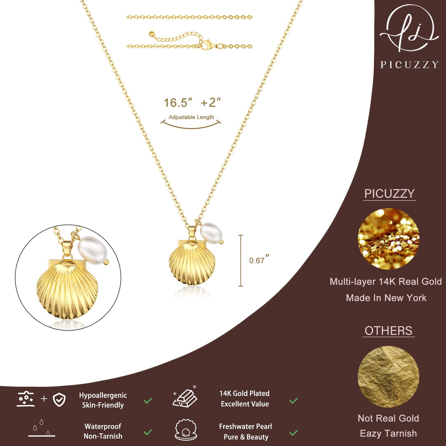 Picuzzy 14K Gold Plated Seashell Pendant Necklace for Women Trendy, Sea Shell Beach Necklace Ocean Coastal Tropical Nautical Vacation Summer Jewelry Pearl Accessories for Women
