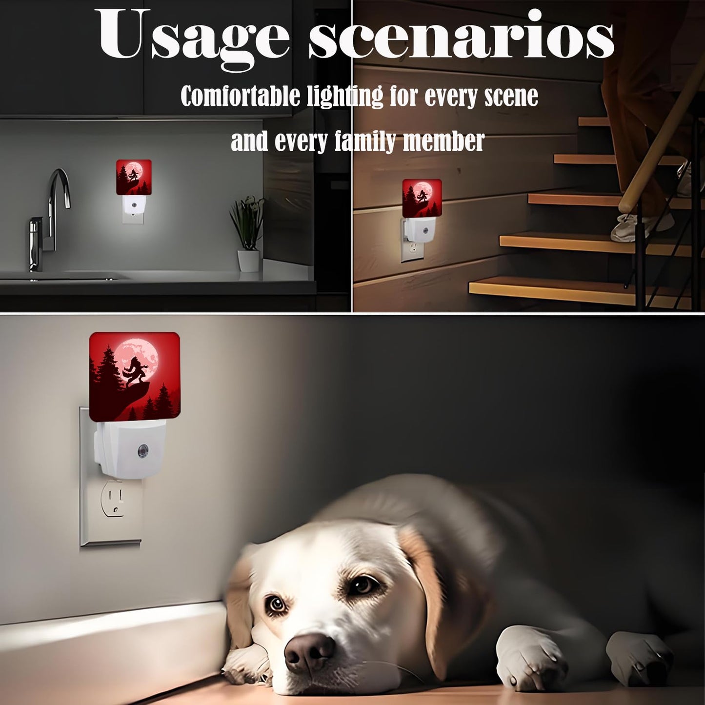FSHVQKD Blood Moon and Werewolves Night Light,Plug-in Night Lights with Dusk-to-Dawn Sensor for Stairway,Hallway,Bedroom Sleep Friendly Ideal for Women/Girls/Boys Gift,0.5w