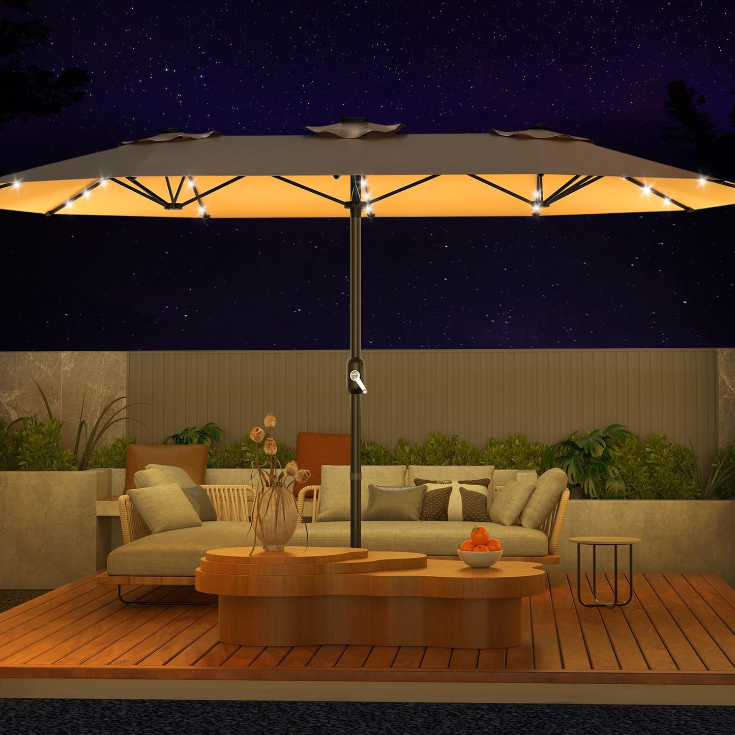 GarveeTech 15FT Solar Patio Umbrella with 36 LED Lights, Weighted Base Included, Tilt and Crank Market Umbrella for Backyard, Garden, Deck, Pool, Beach, Beige