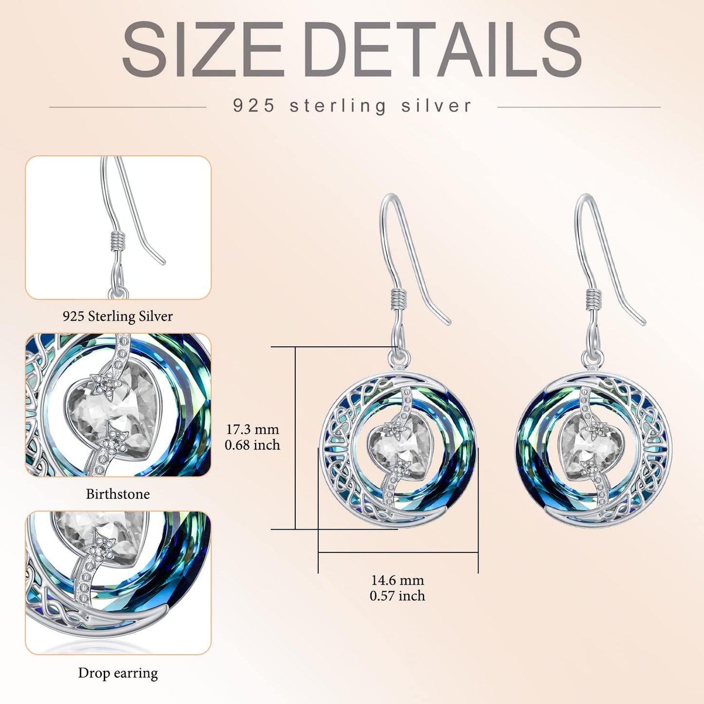 TOUPOP Synthetic Diamond Earrings April Birthstone Earrings Sterling Silver Moon and Star Drop Dangle Earring Jewelry Blue Crystal Birthday Mothers Day Gifts for Women Mom Her