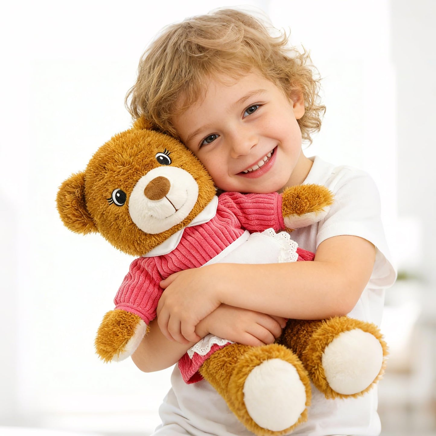 JUSTQUNSEEN 14.5" Cute Teddy Bear Stuffed Animal for Women with Pink Sweater Valentines Bear Plush Doll Gift for Mother Day Mom Wife Kids Boys & Girls Easter Birthday Christmas (Mom)